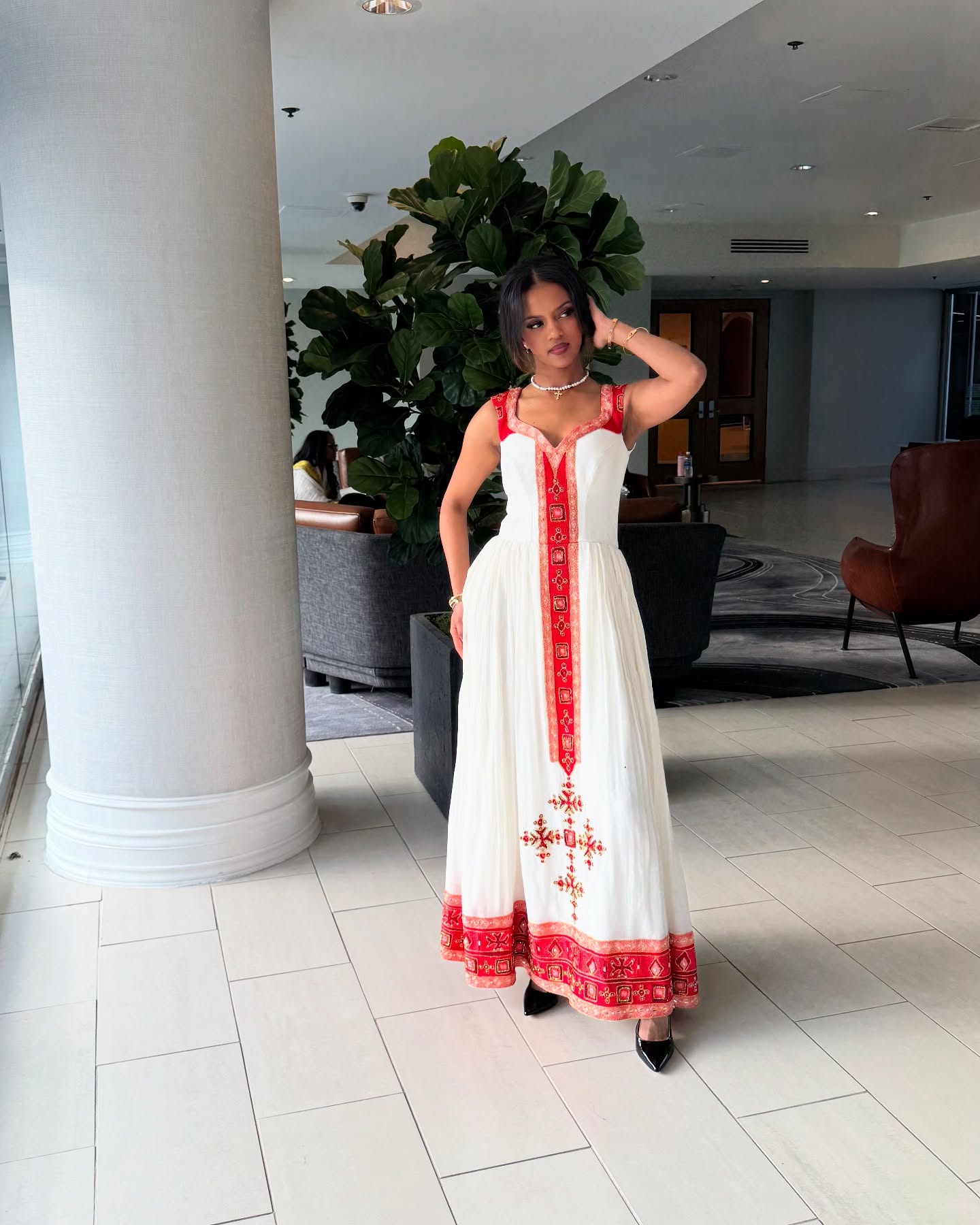 Modern Habesha Traditional Dress Sleeveless Ethiopian Cultural Gown Red & White Embroidery Habesha Kemis Handwoven Habesha Dress 111