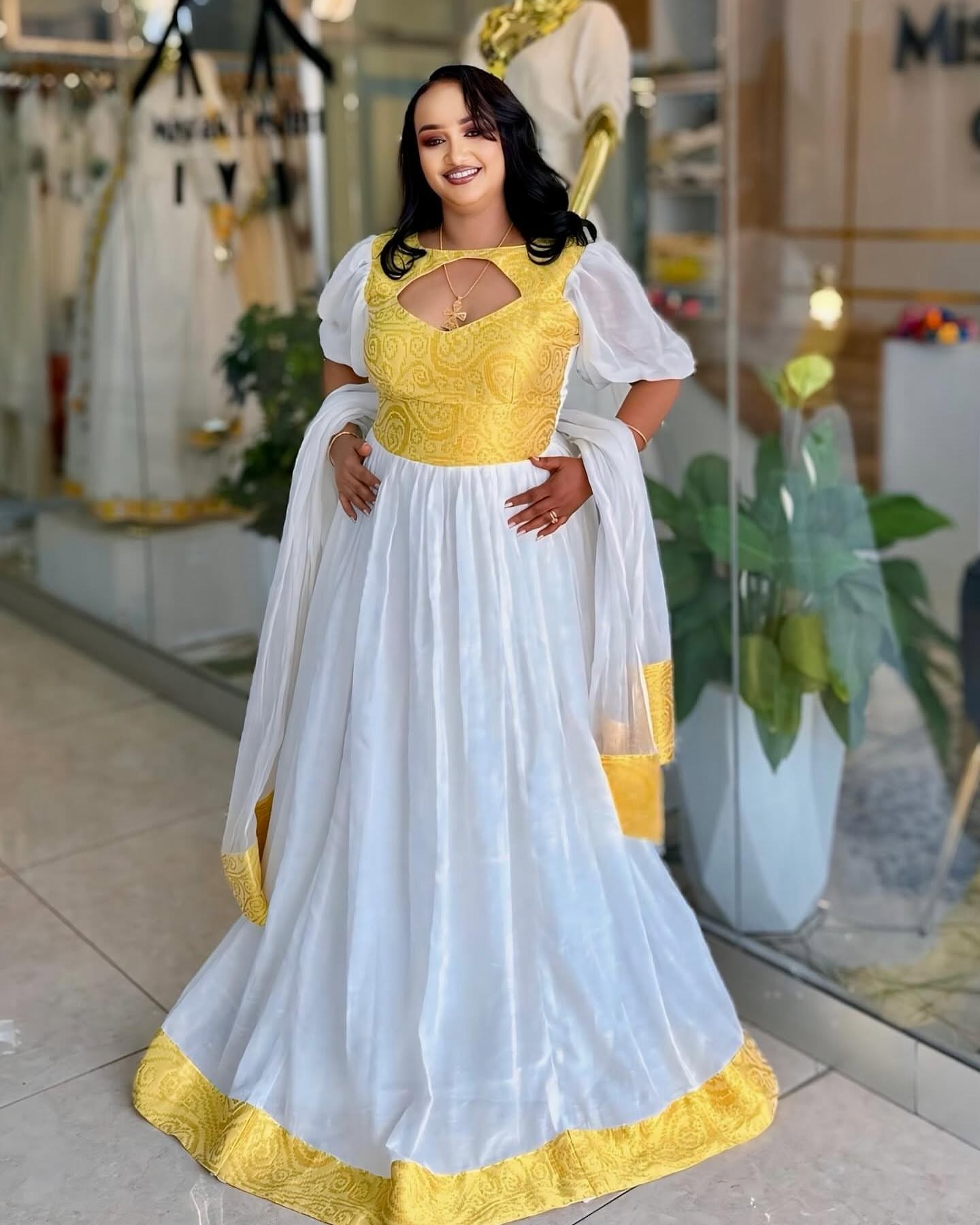 Bright Yellow & White Habesha Dress Elegant Traditional Ethiopian & Eritrean Dress Timeless Habesha Kemis 128