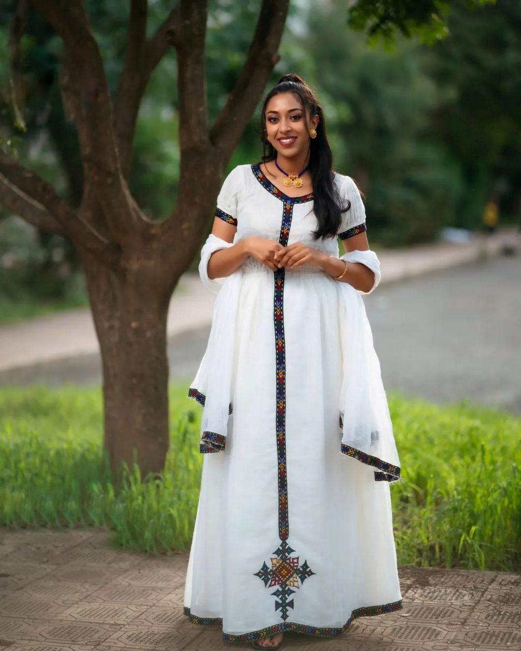 Classic White Habesha Dress Minimalist Multicolor Cross Design Ethiopian Clothing Traditional Elegance Habesha Kemis 144
