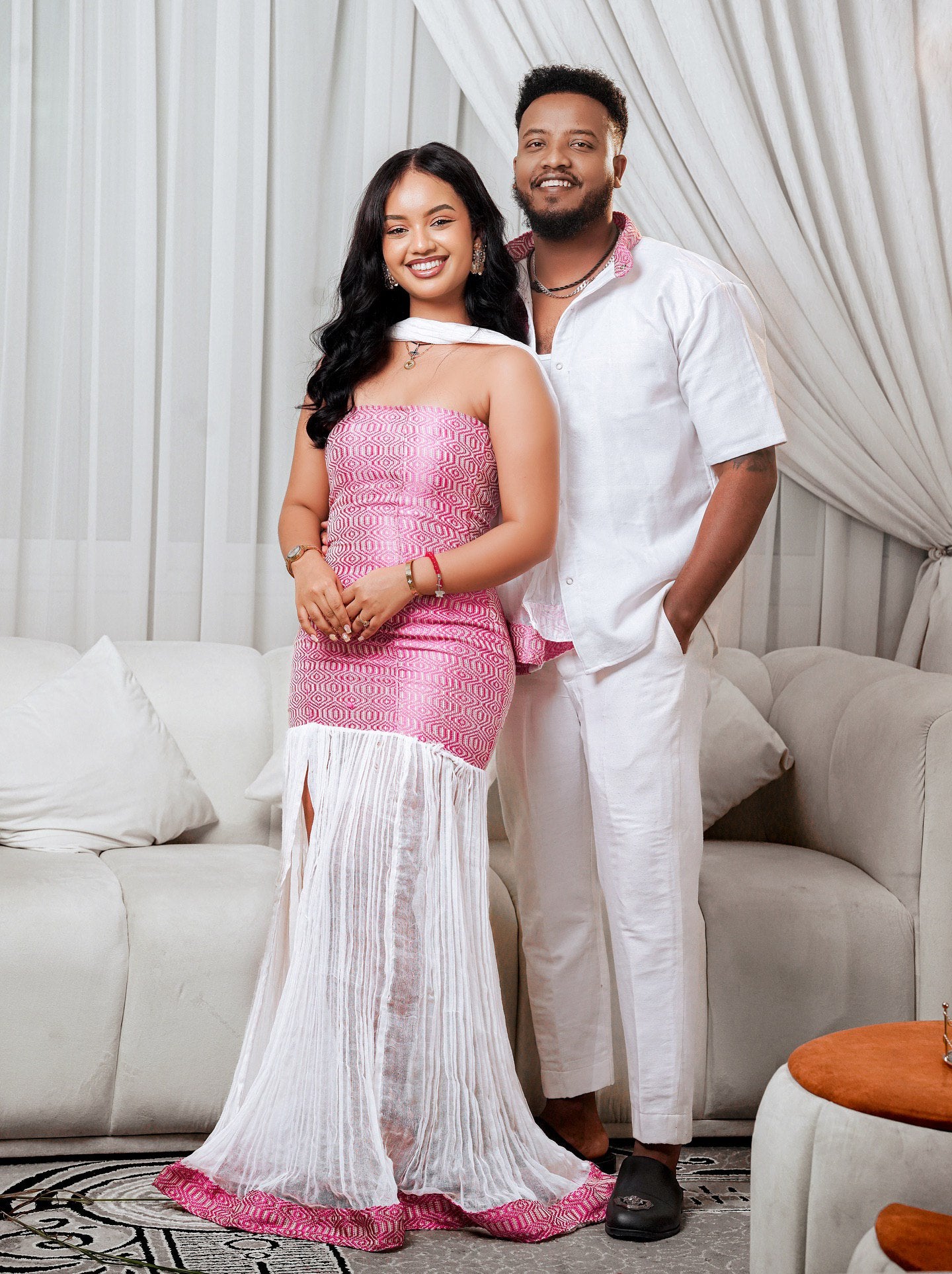 Modern Pink & White Ethiopian Couple Outfit Matching Wear for Couples Cultural Ethiopian Wear 150