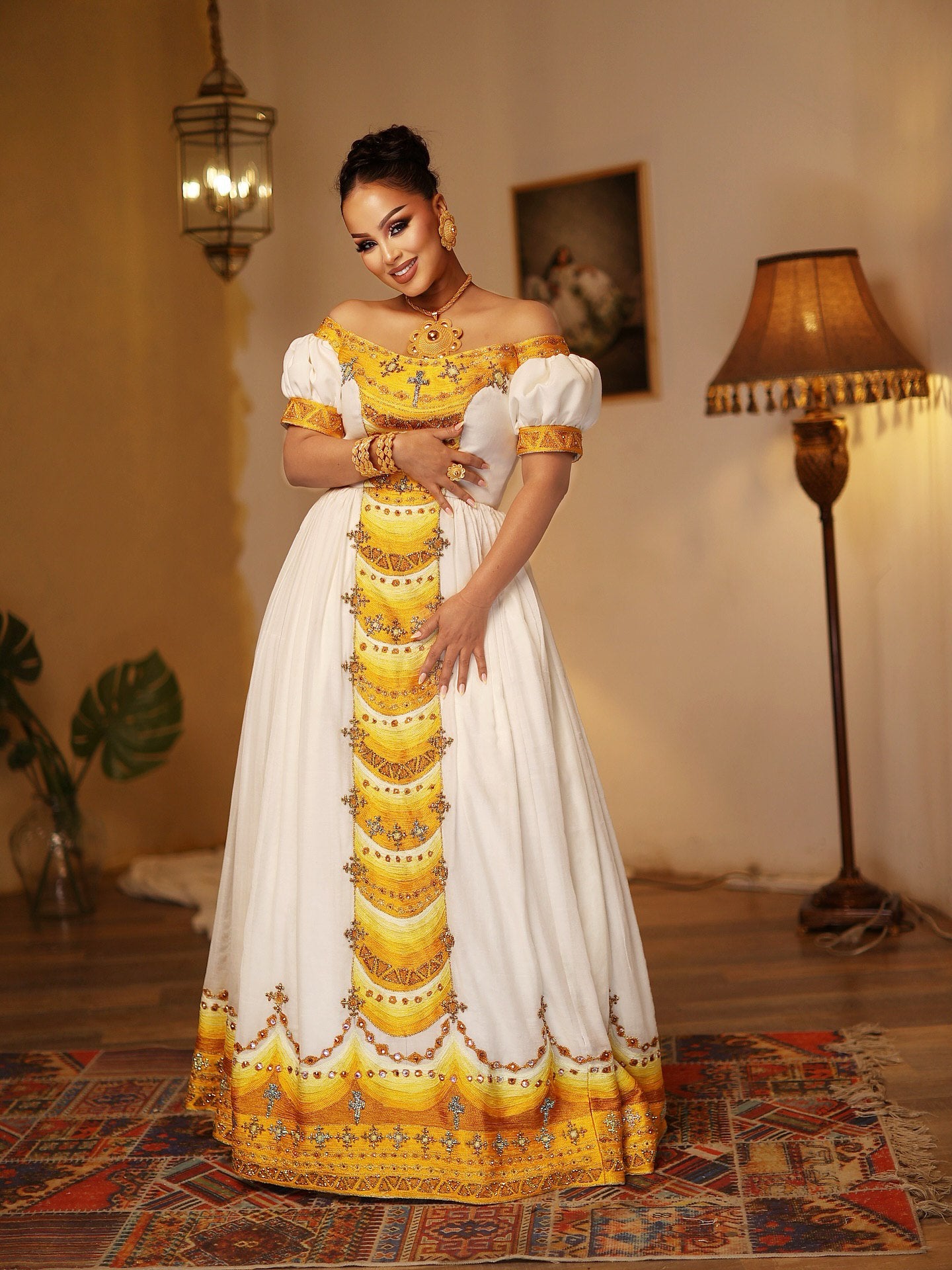 Off-Shoulder Ethiopian Dress Yellow Embroidery Habesha Kemis Cultural Habesha Dress For Special Occasions 154
