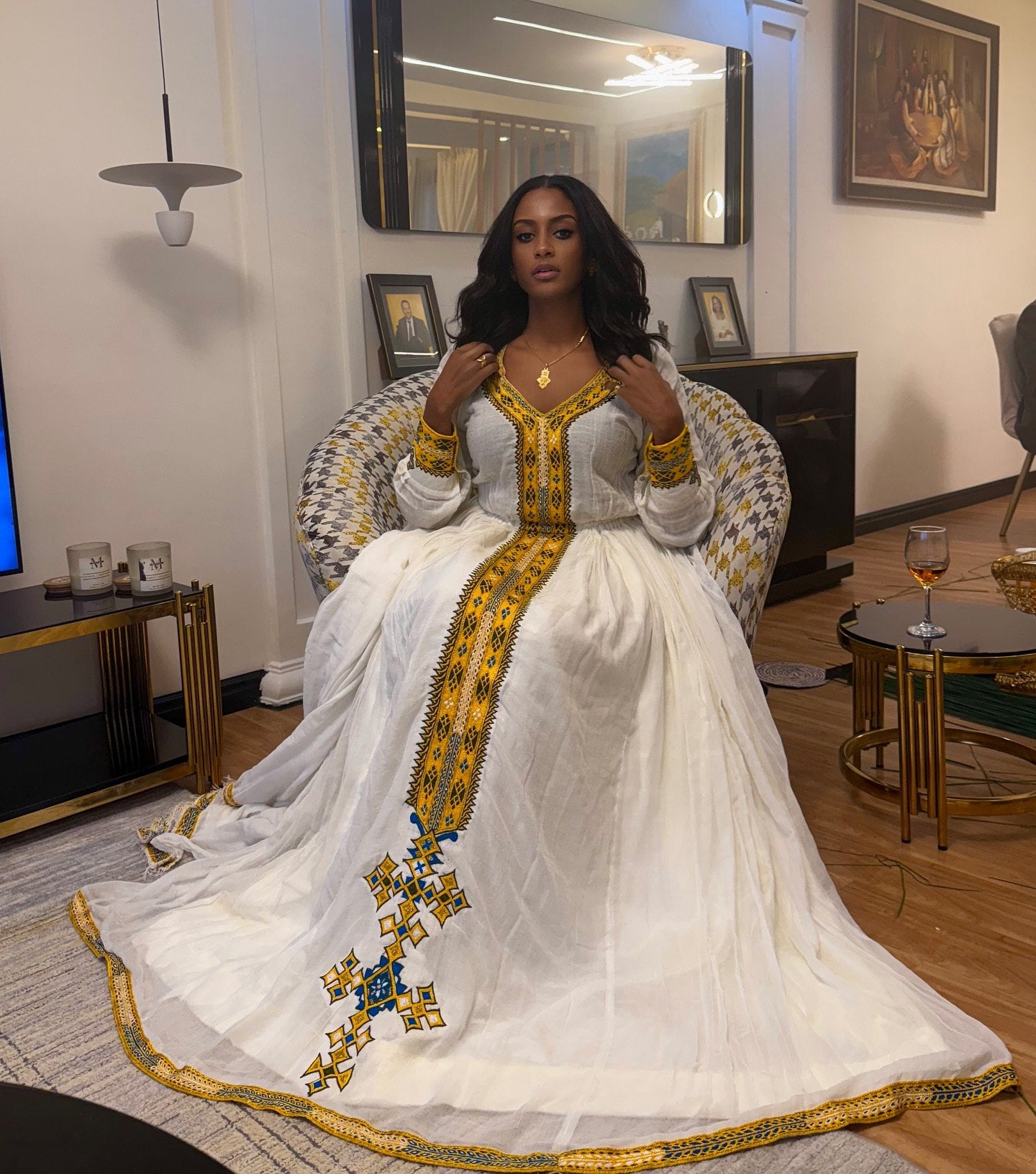 Yellow & Blue Cross Embroidery Habesha Dress White Ethiopian Traditional Dress Festive Habesha Kemis 168