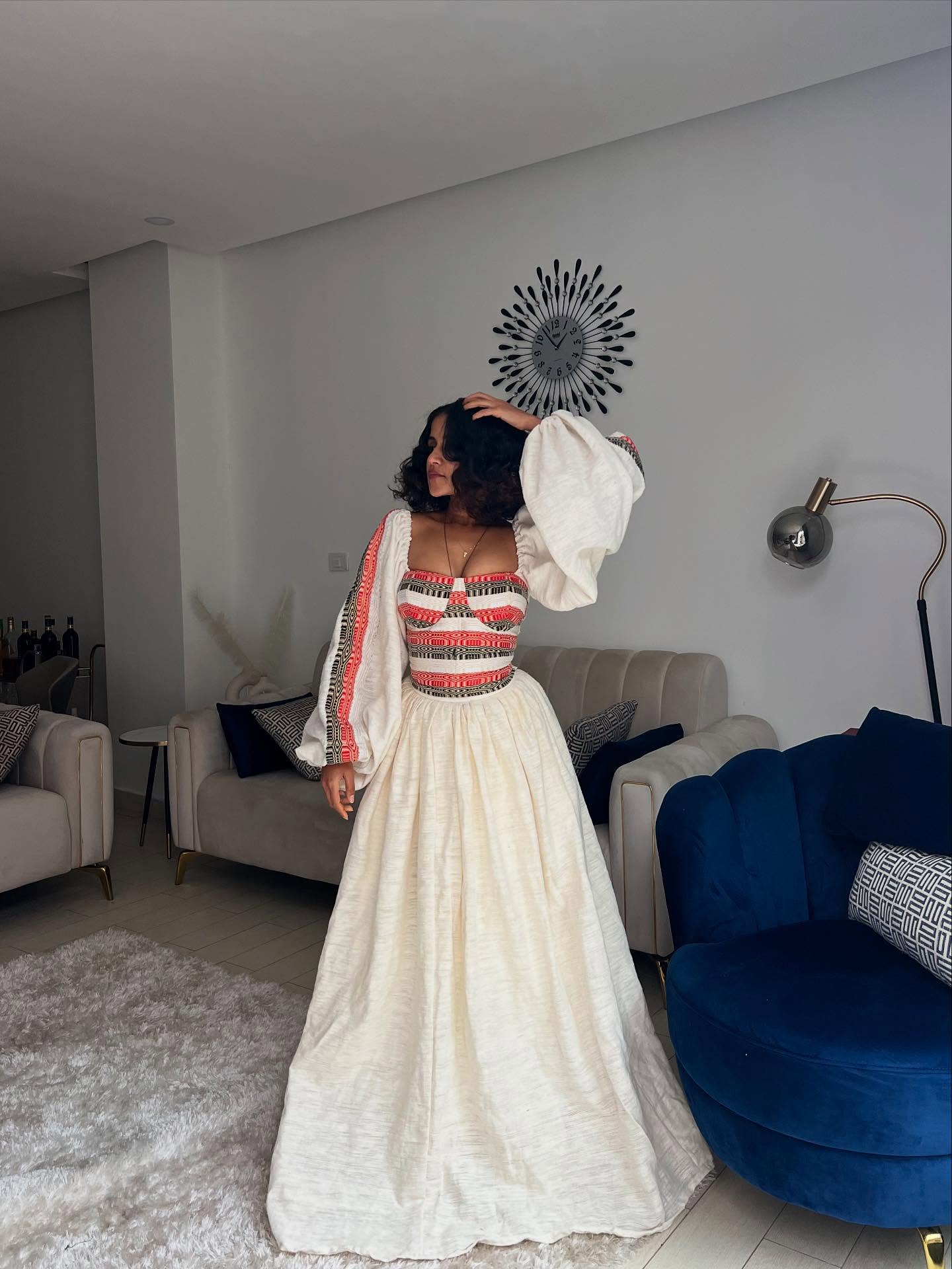 Elegant Ethiopian Traditional Clothing Red Embroidery Habesha Dress Long Sleeve Habesha Kemis 169