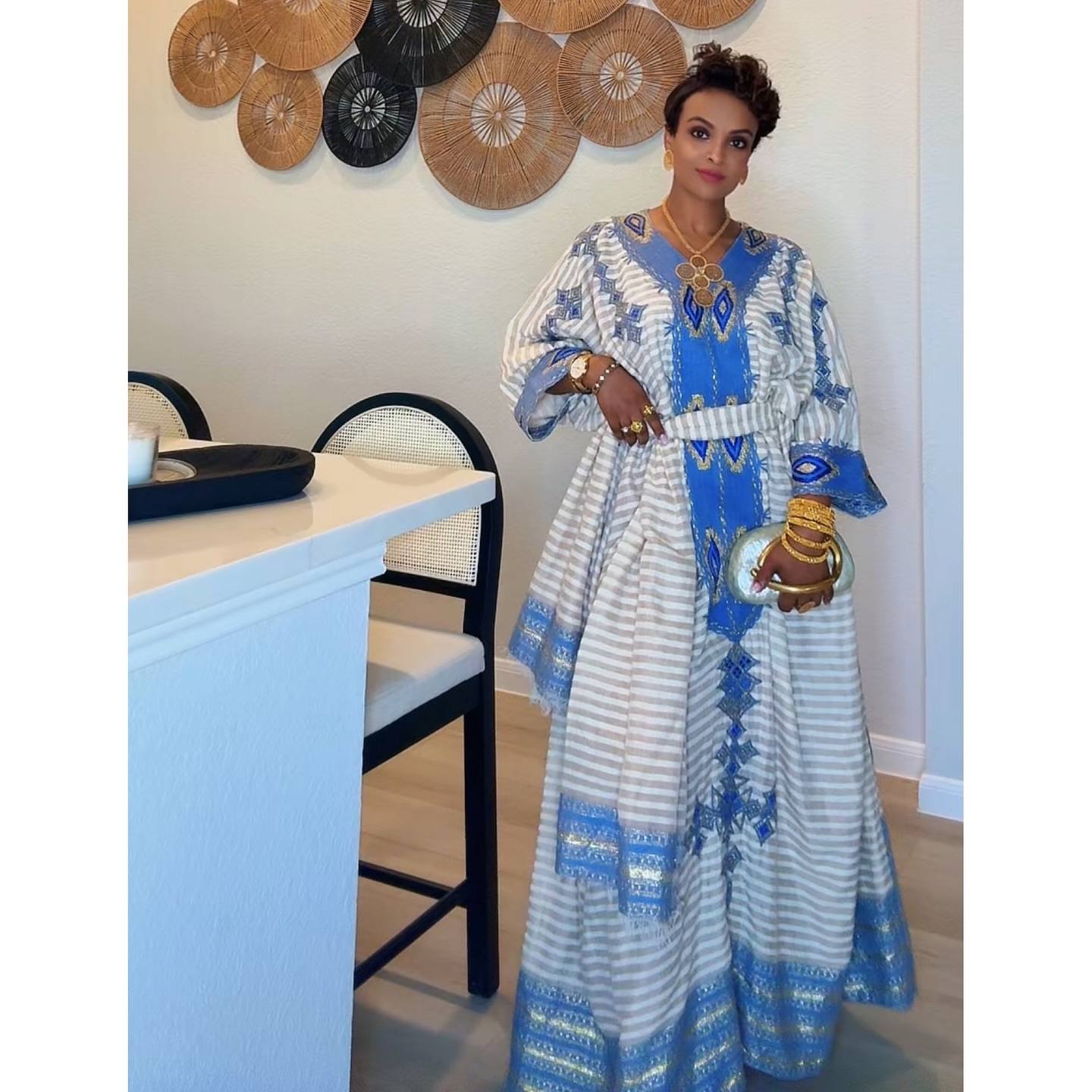 Blue & White Habesha Dress Authentic Traditional Ethiopian Clothing Timeless Habesha Kemis 135