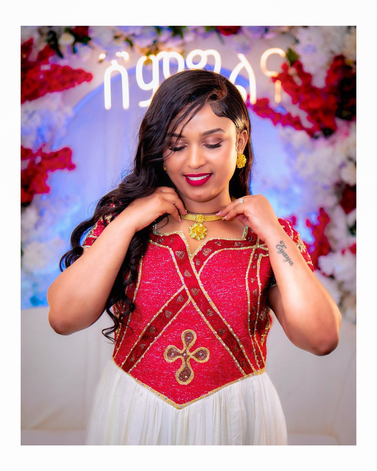 Radiant Habesha Kemis Traditional Ethiopian Wedding Dress Red Pattern Habesha Dress 168