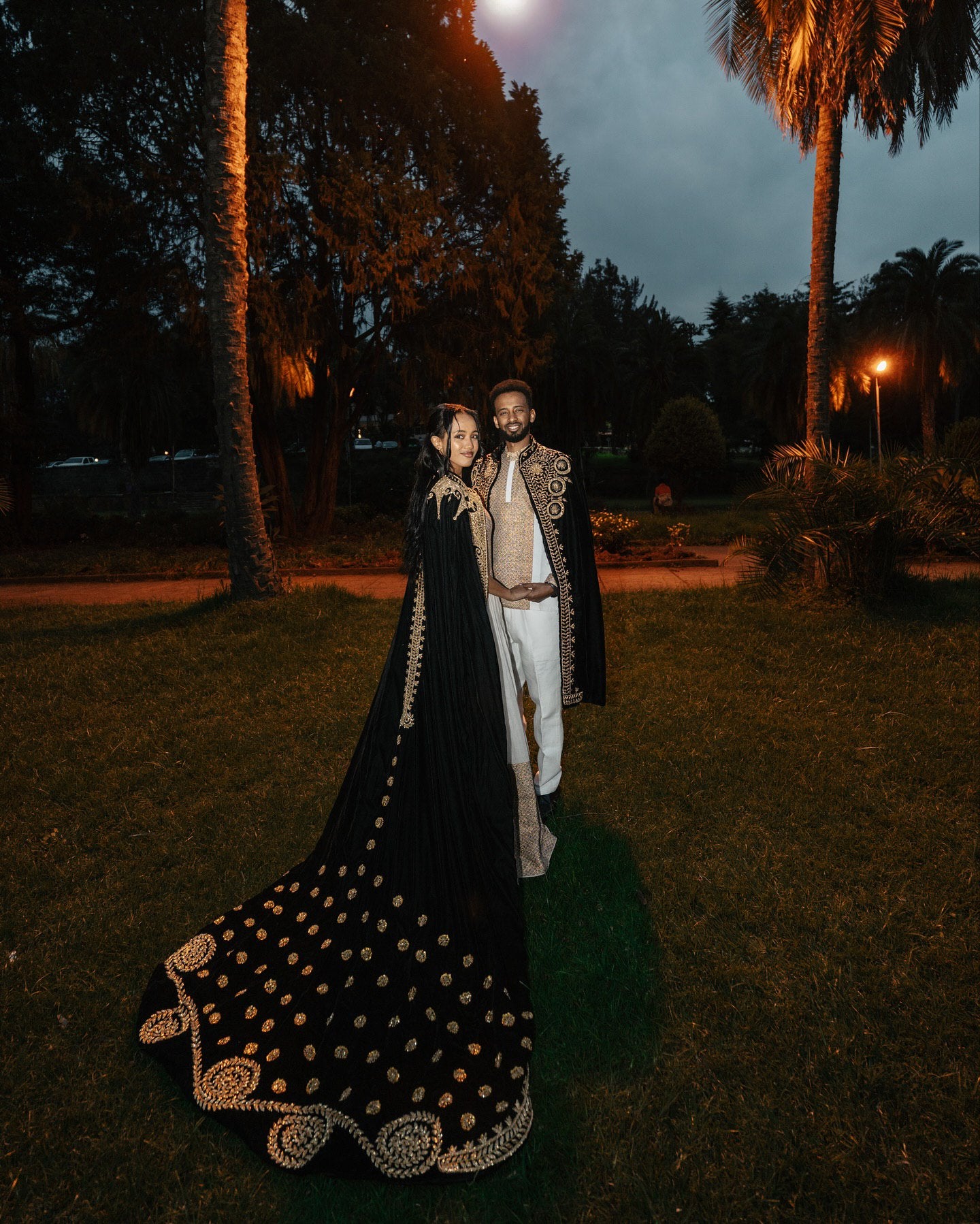 Ethiopian Couple Wear Coordinated Traditional Gold and White Attire Habesha Kemis And Men's Suit 183