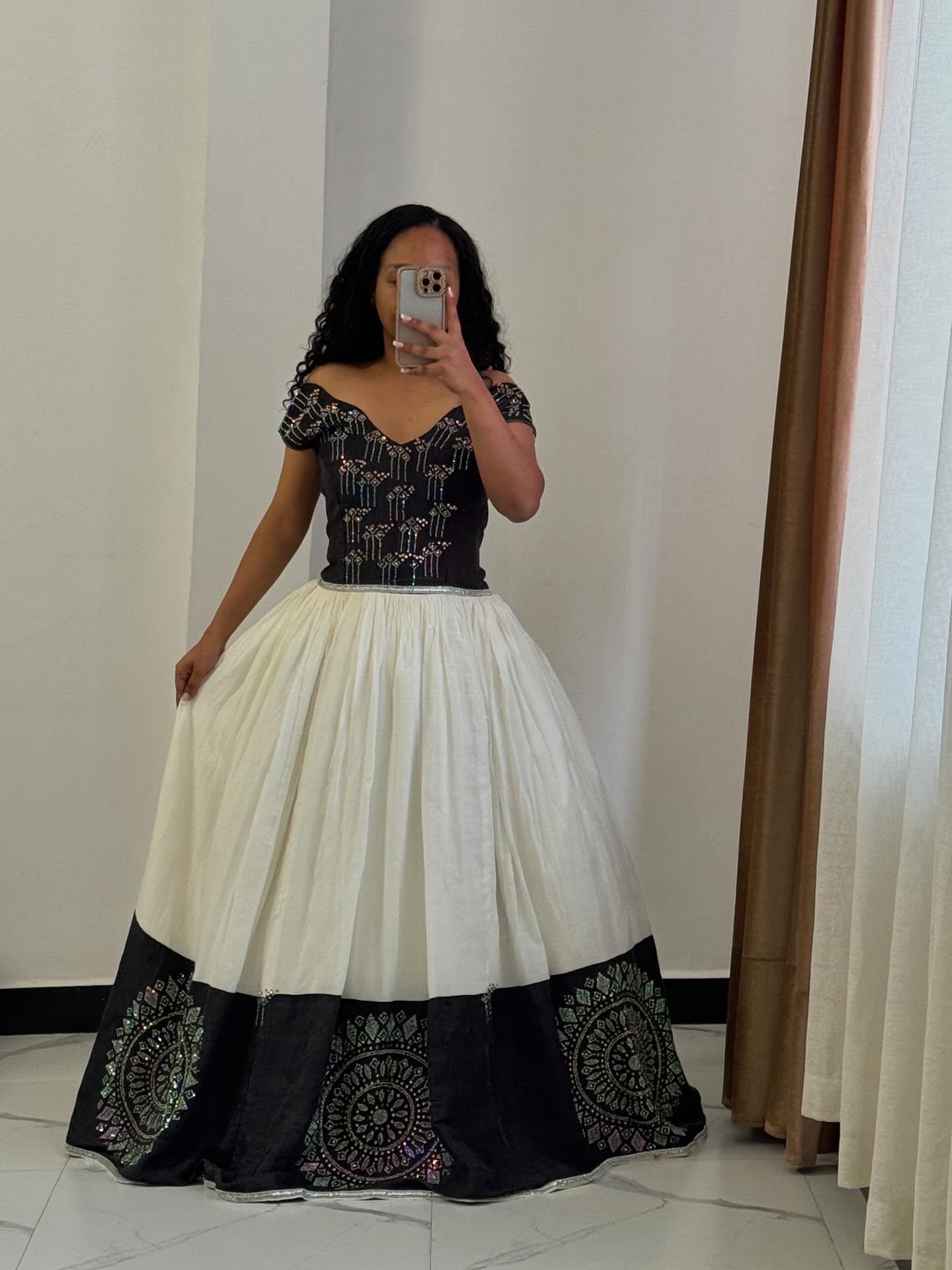 Chic Black & White Habesha Dress Traditional Ethiopian Dress Elegant Habesha Kemis 192