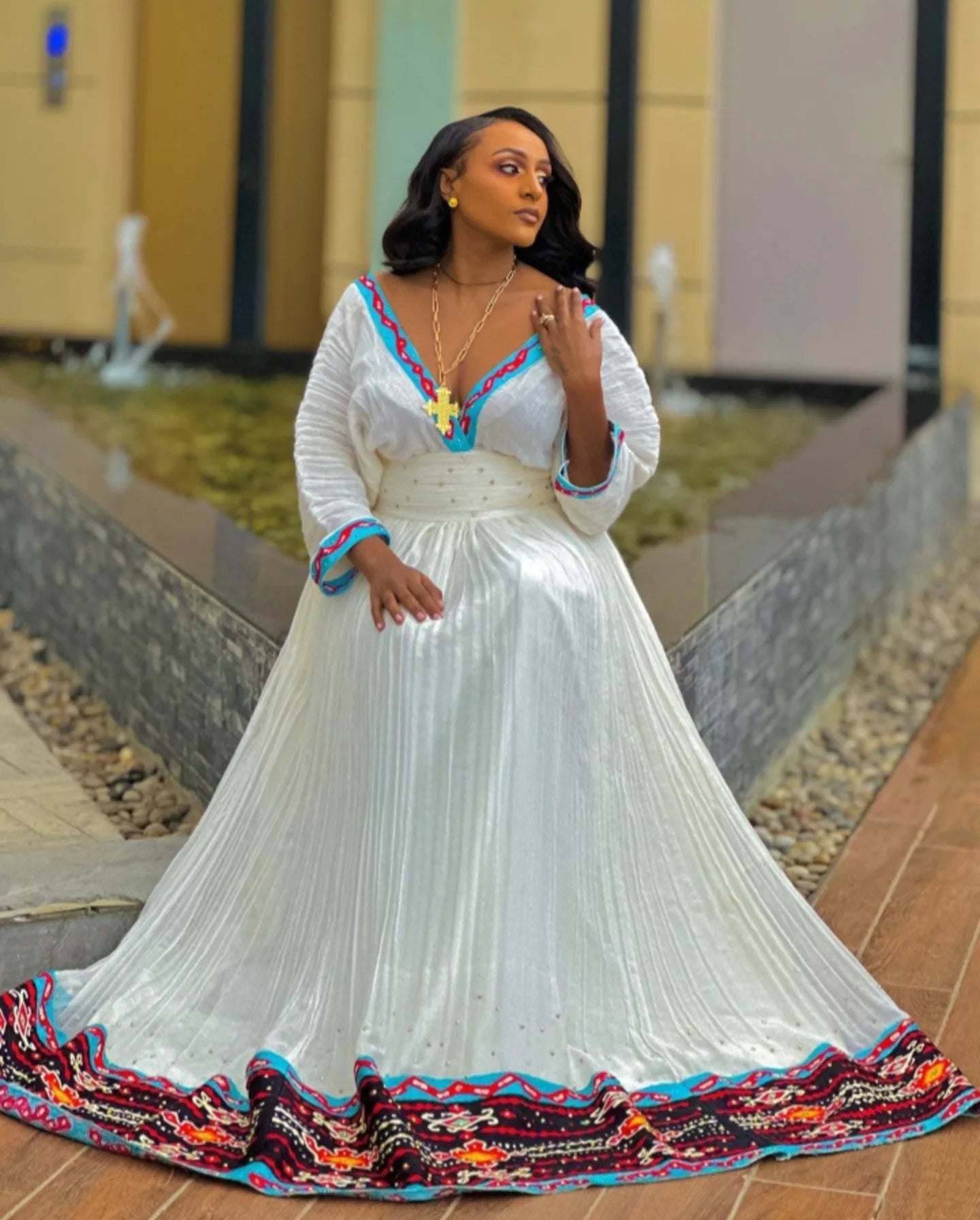 V-Neckline Habesha Kemis Festive Habesha Dress Traditional Ethiopian Dress with Multicolor Embroidery 198