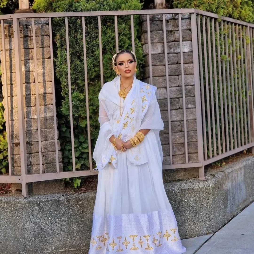 White Habesha Kemis with Cross Embroidery Traditional Ethiopian Dress for Timeless Grace Stylish Habesha Dress 210