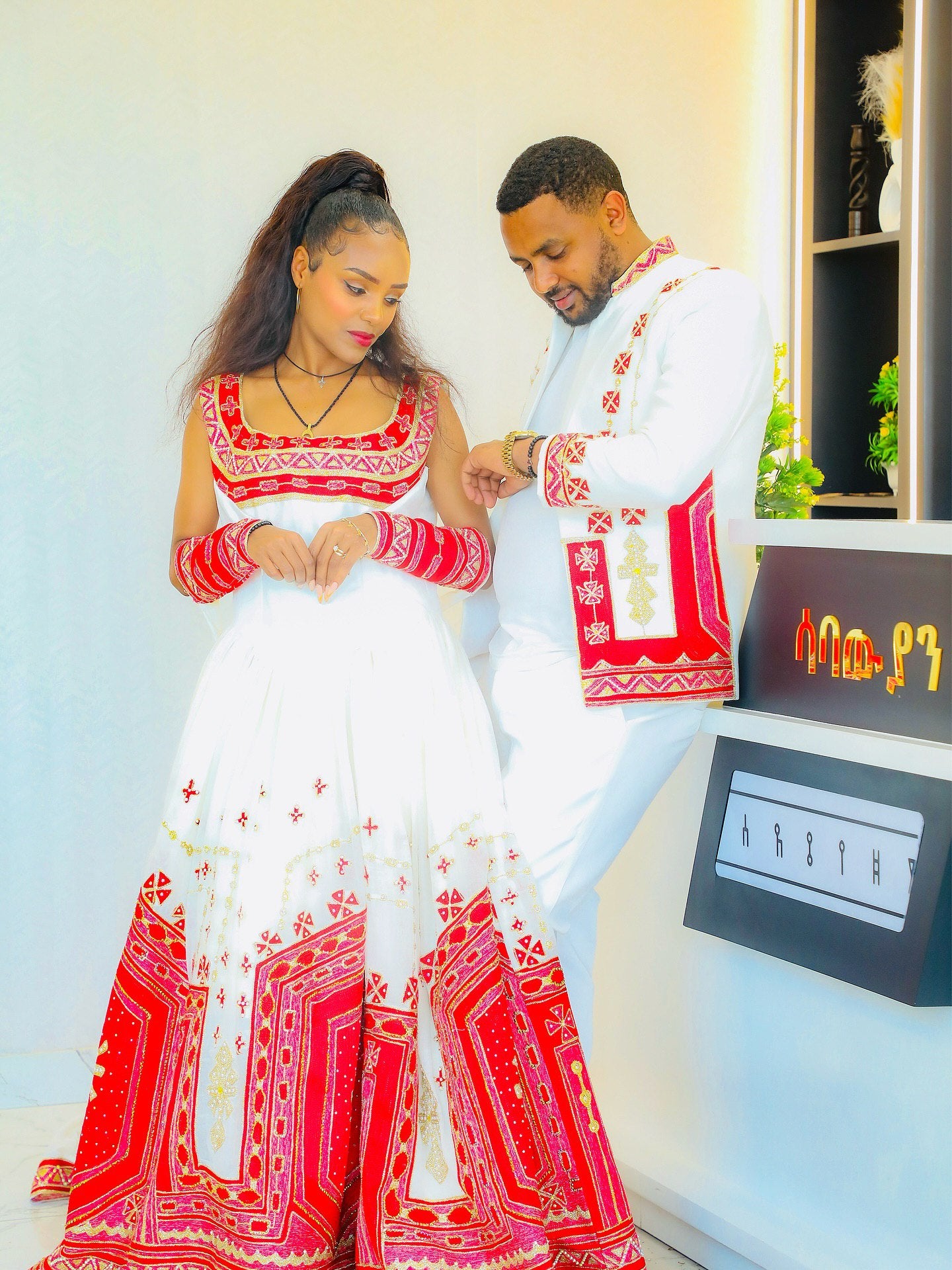 Couple Habesha Kemis And Men's Set Red Embroidered Ethiopian Dress Matching Habesha Outfit 246