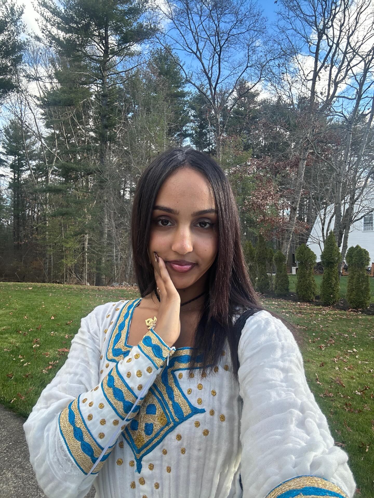 Handwoven Habesha Dress Authentic Traditional Ethiopian Clothing Blue And Gold Accent Habesha Kemis 311