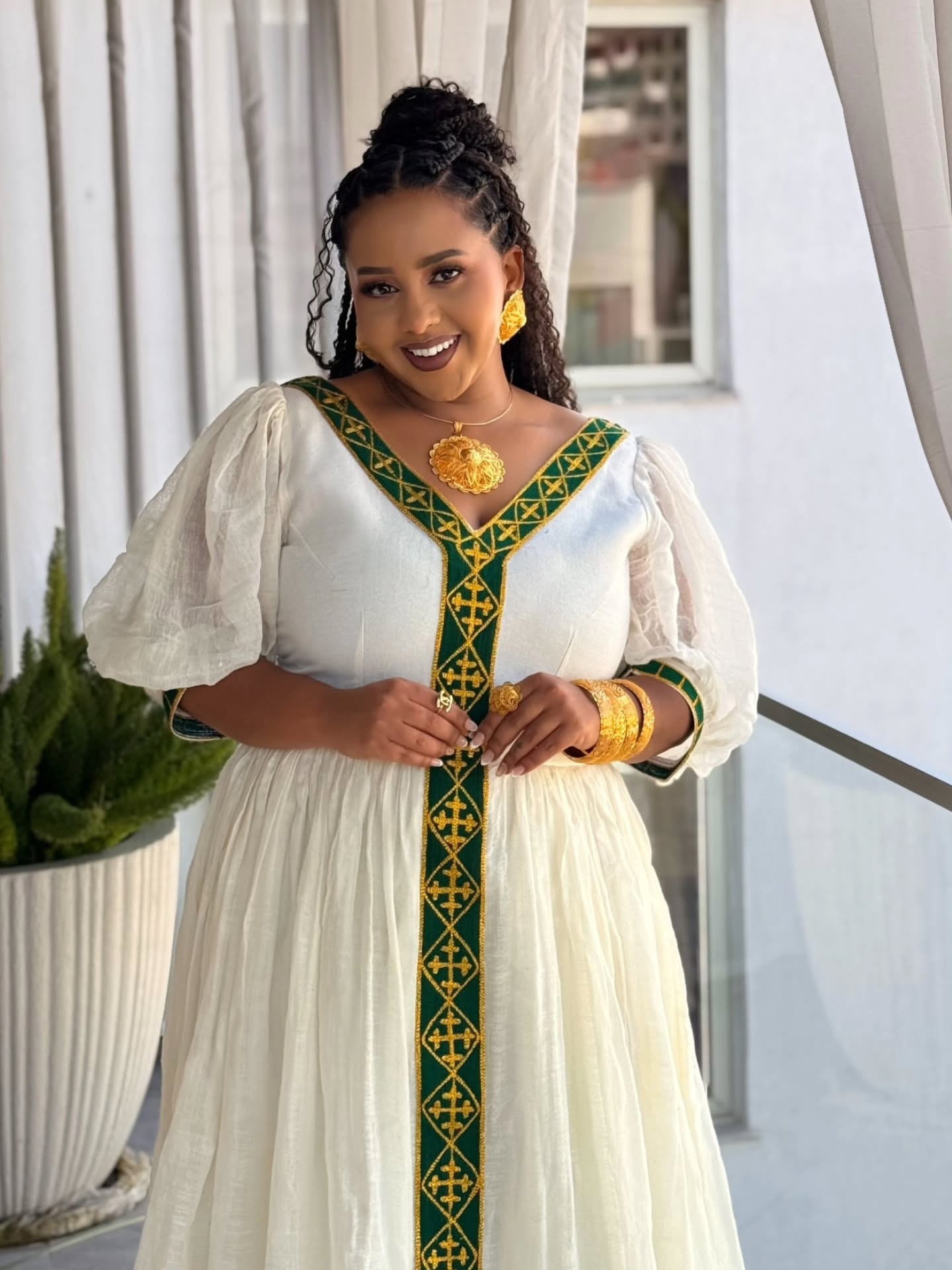 Green And Gold Embroidery Habesha Dress Cross Design Eritrean Dress Graceful Habesha Kemis 366