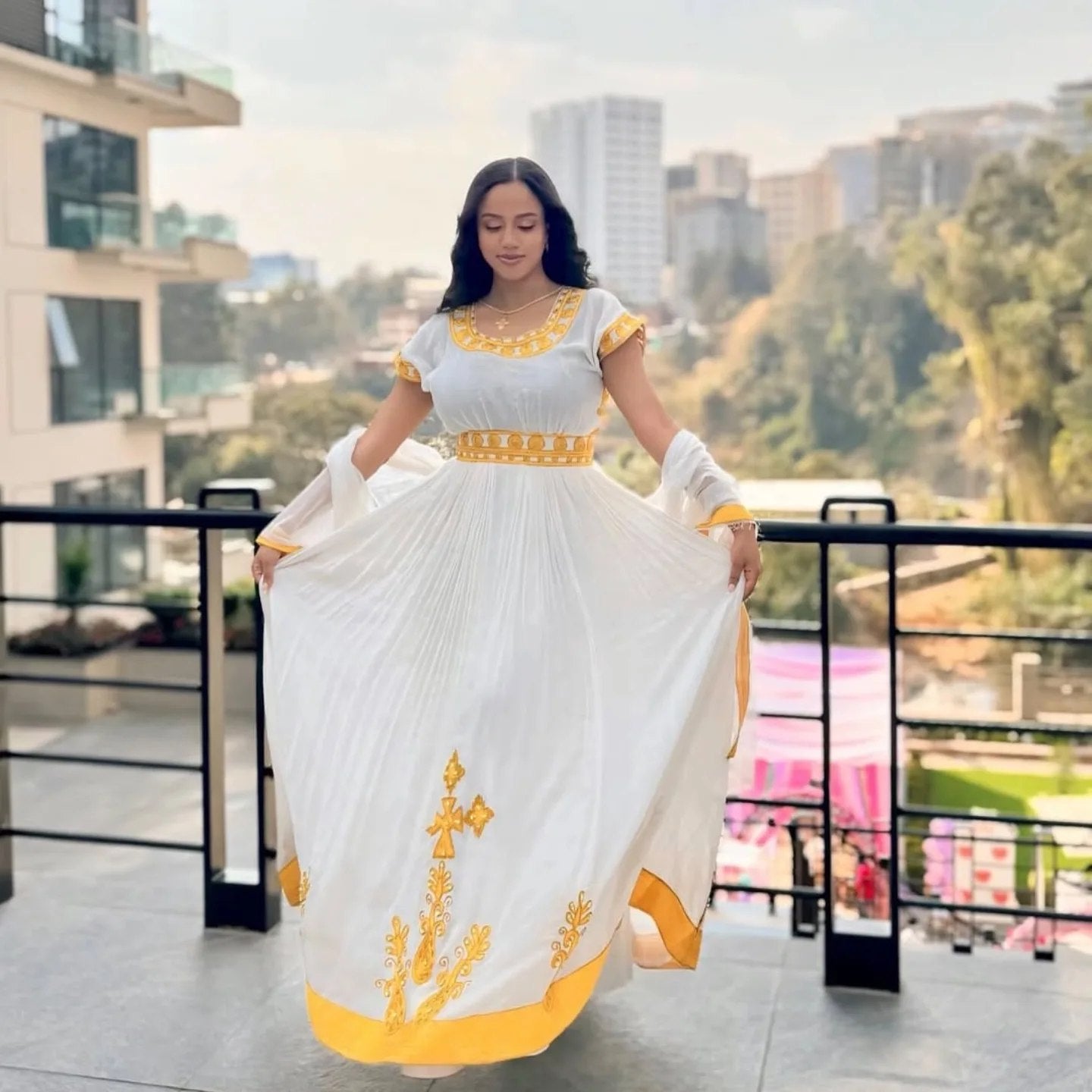 Golden Yellow Habesha Dress Design Habesha Kemis With Netela Timeless Ethiopian Clothing 0059