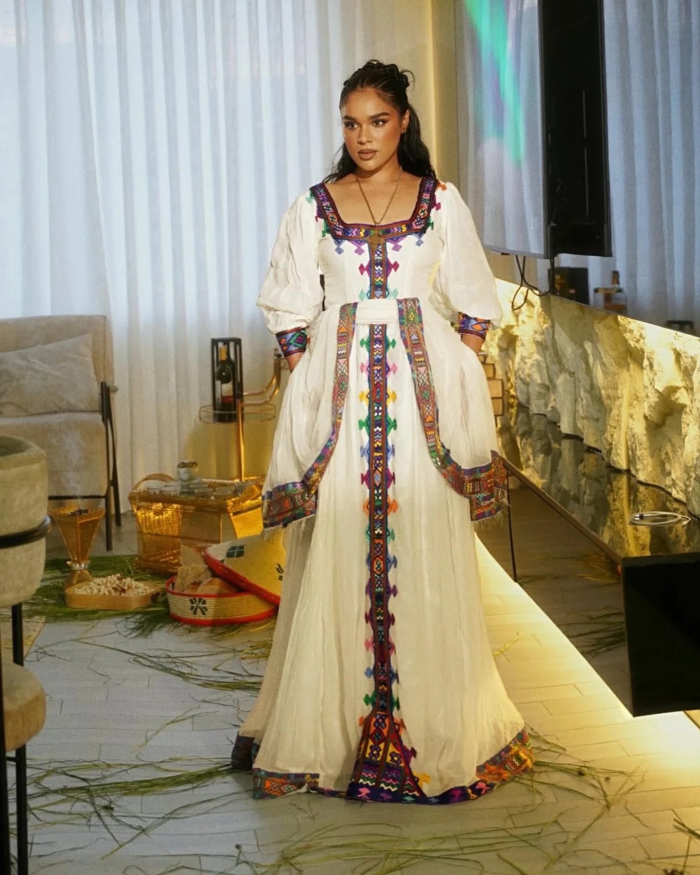Ethiopian Habesha Kemis with Multicolor Embroidery Traditional Cultural Dress
