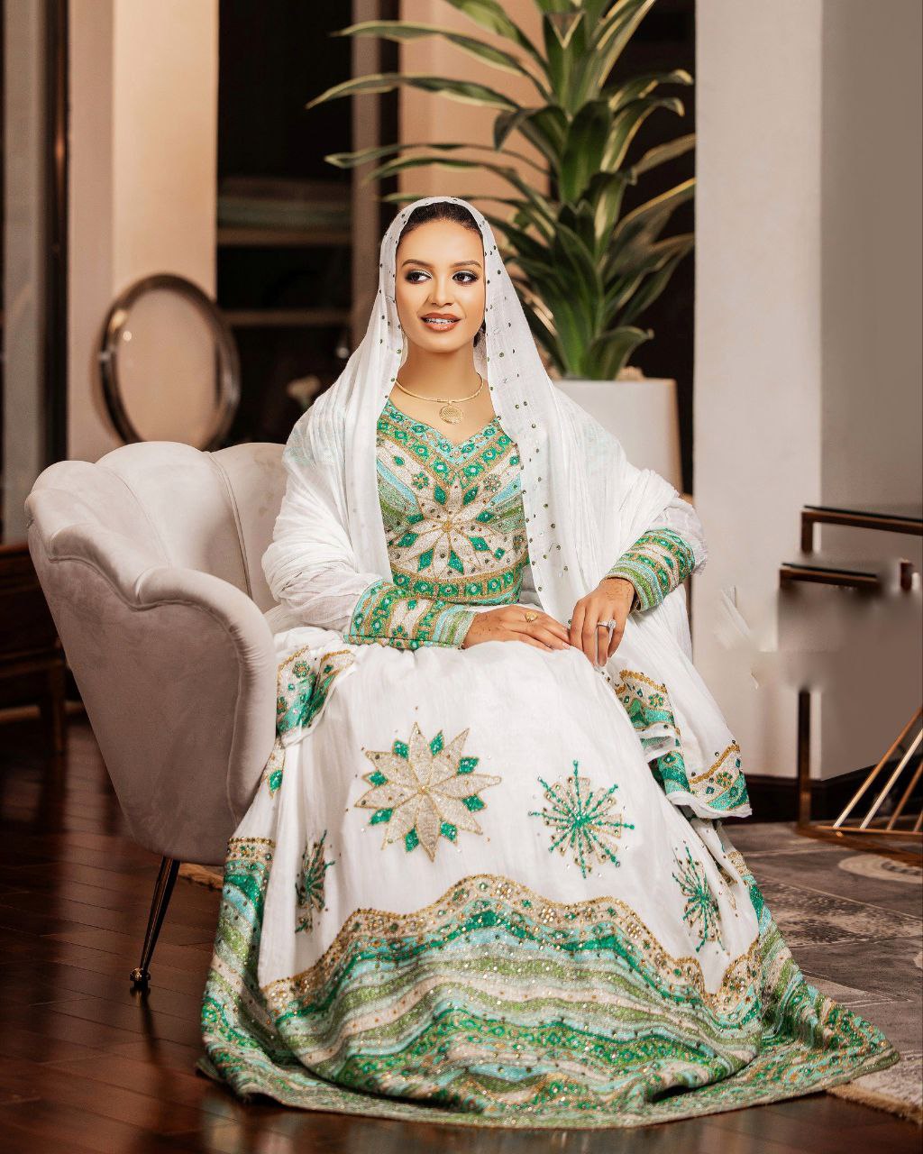 Ethiopian Traditional Matching Couple Outfit Green and Gold Embroidery Matching Set Ethiopian Couple's Wear 0080