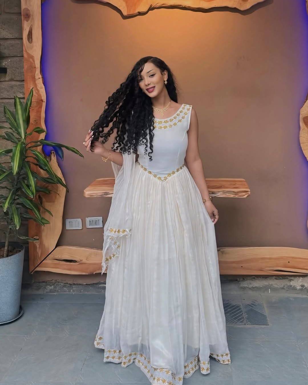 White Habesha Kemis with Gold Embroidery Sleeveless Habesha Dress Timeless Ethiopian Clothing For Cultural Events 0089