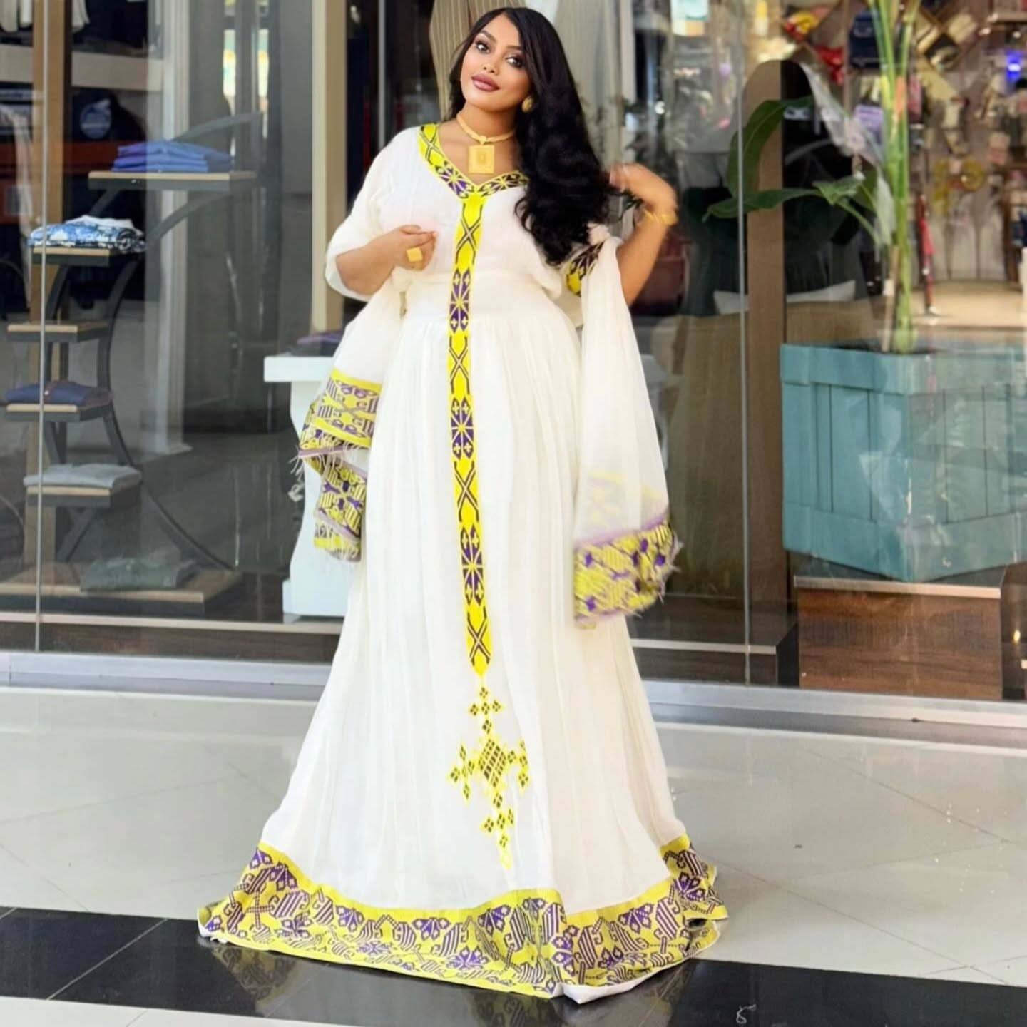 Cultural Ethiopian Dress For Special Celebrations Yellow & Purple Tibeb Habesha Kemis Soft Handwoven Habesha Dress 0090
