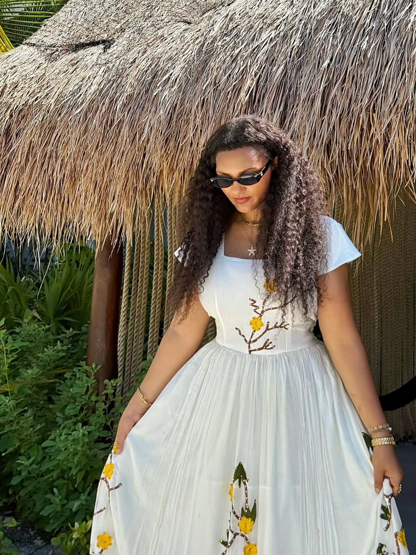 Yellow Floral Habesha Kemis Graceful Ethiopian Traditional Dress Nature-Inspired Embroidery Habesha Dress 0099