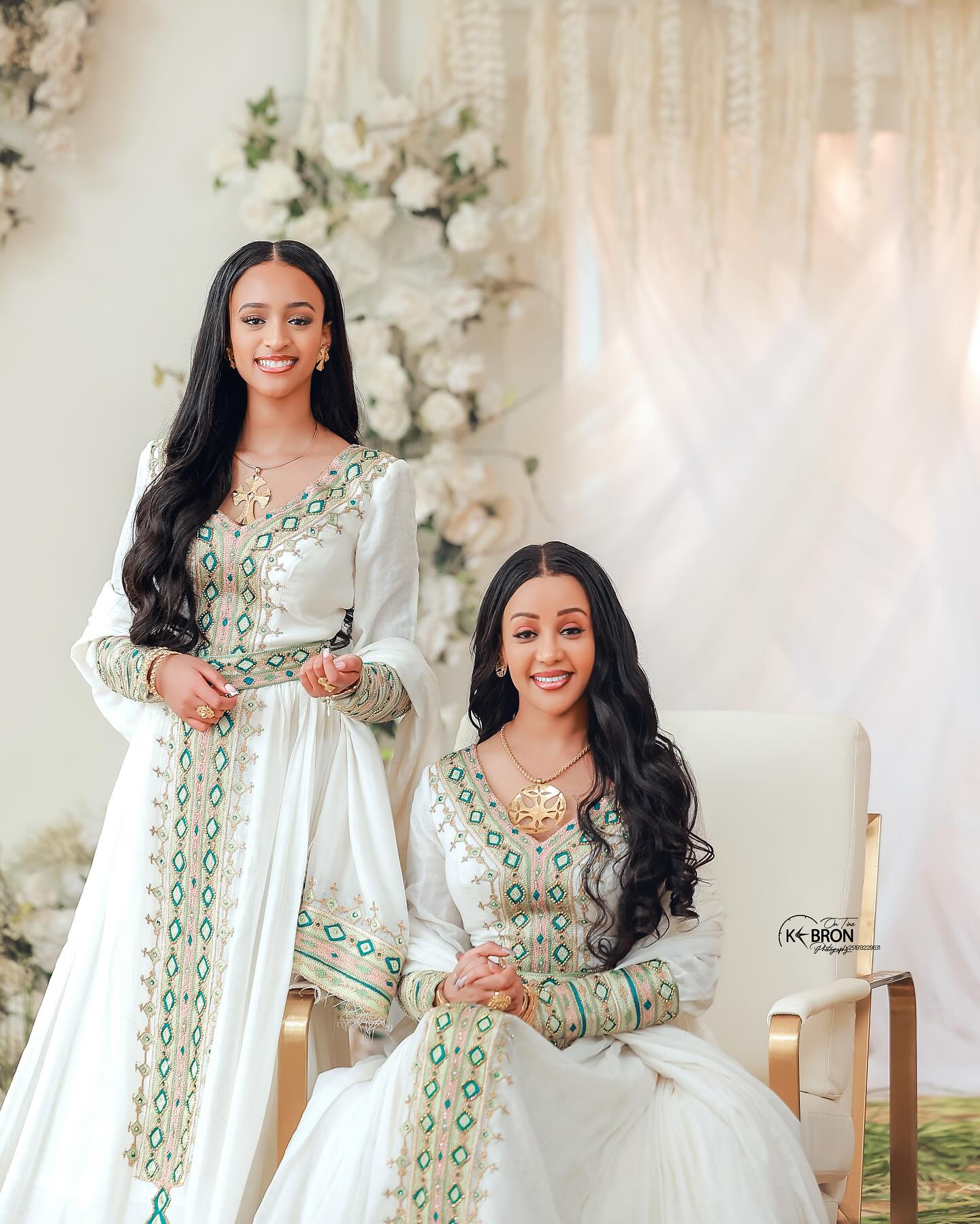 Unique Cross Tibeb Embroidery Ethiopian Clothing Green-gold Pattern Habesha Dress Graceful Habesha Kemis For Events 106