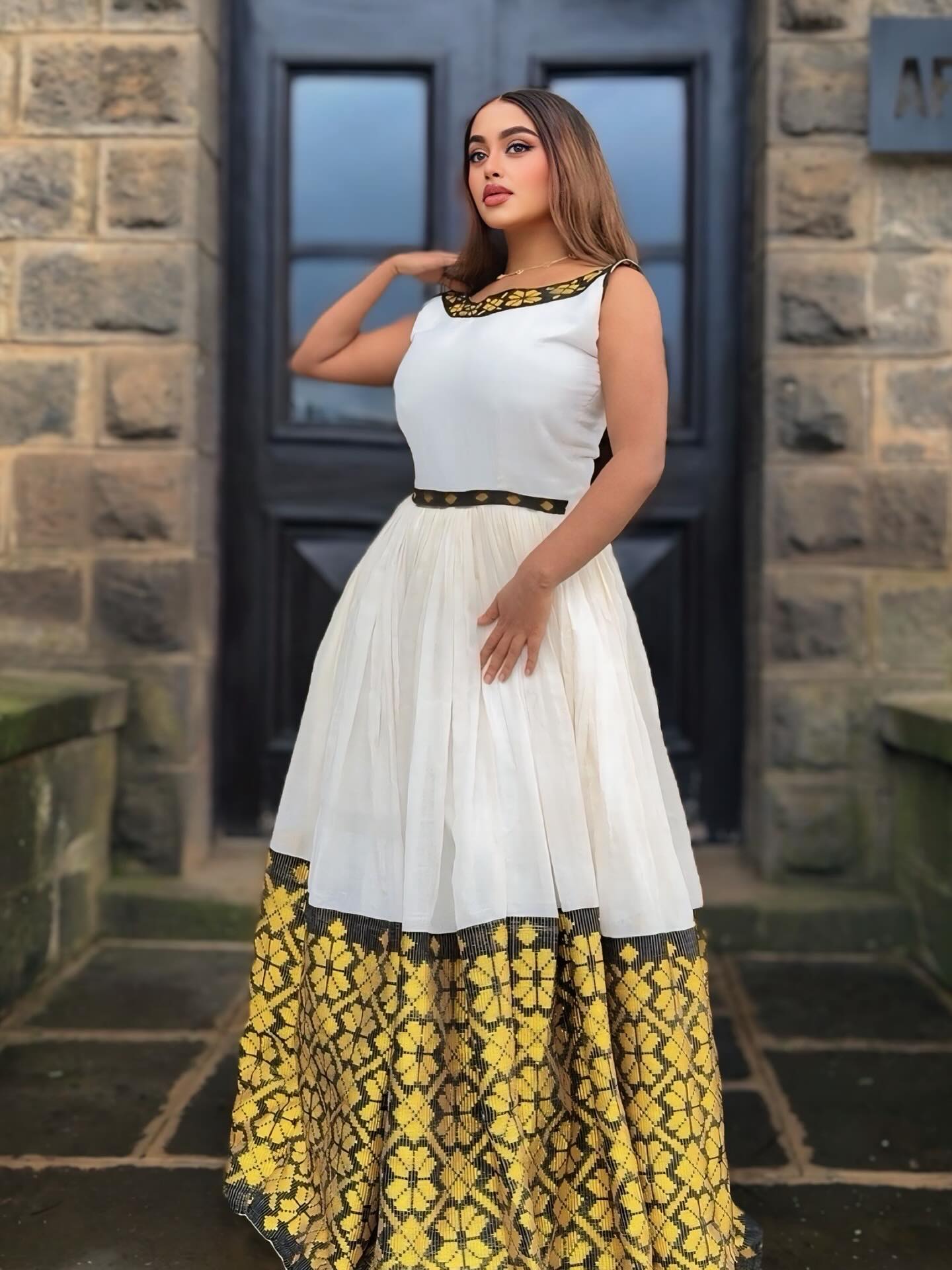 Modern Backless Habesha Dress Bold Yellow Pattern Ethiopian & Eritrean Clothing Stylish Habesha Kemis 130