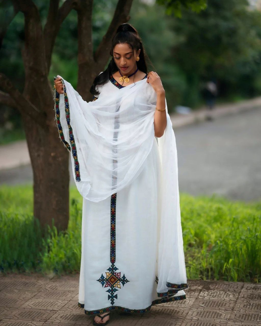 Classic White Habesha Dress Minimalist Multicolor Cross Design Ethiopian Clothing Traditional Elegance Habesha Kemis 144