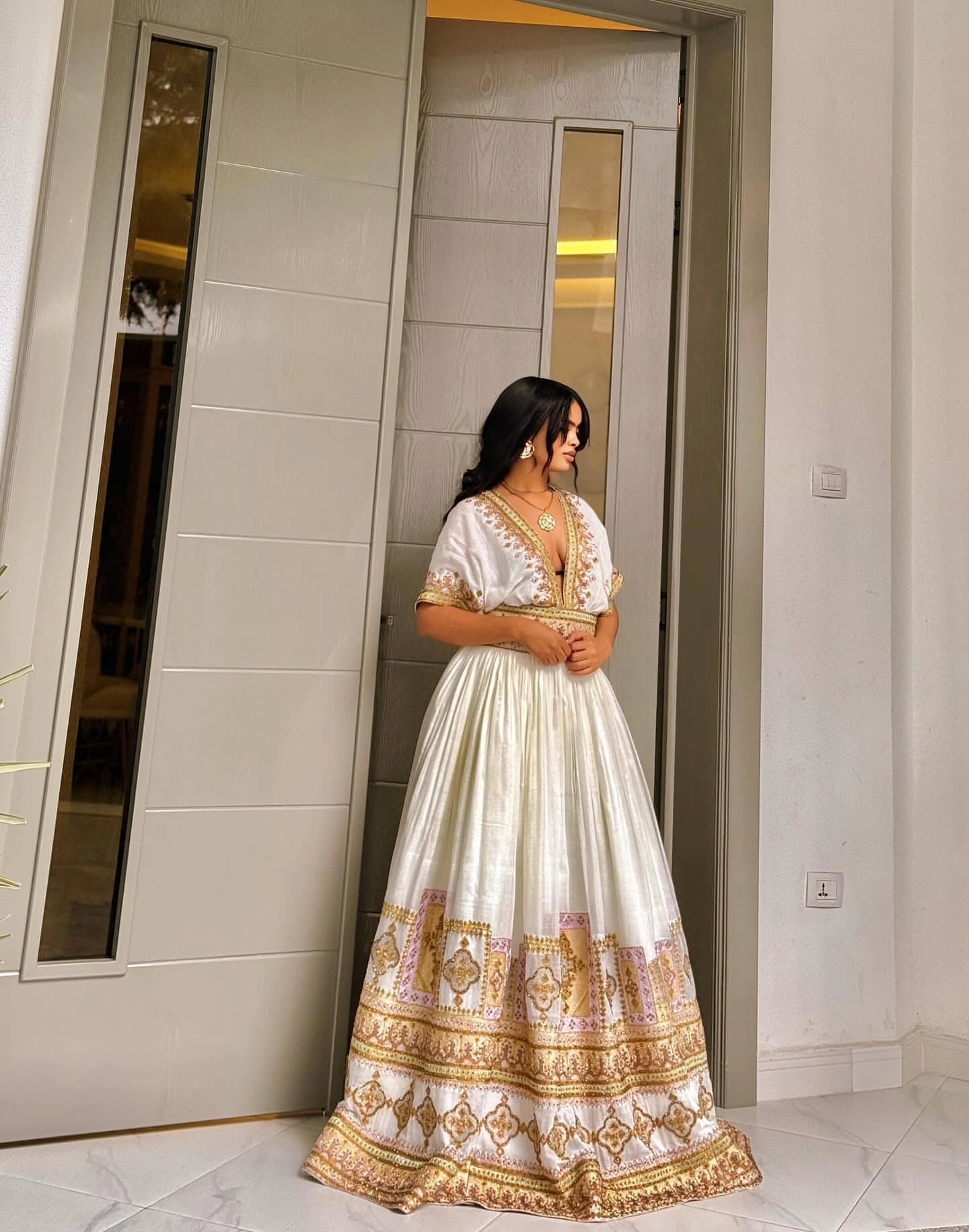 Luxury Traditional Ethiopian Wedding Dress Gold & Lilac Detail Habesha Kemis V-neckline Habesha Dress 153