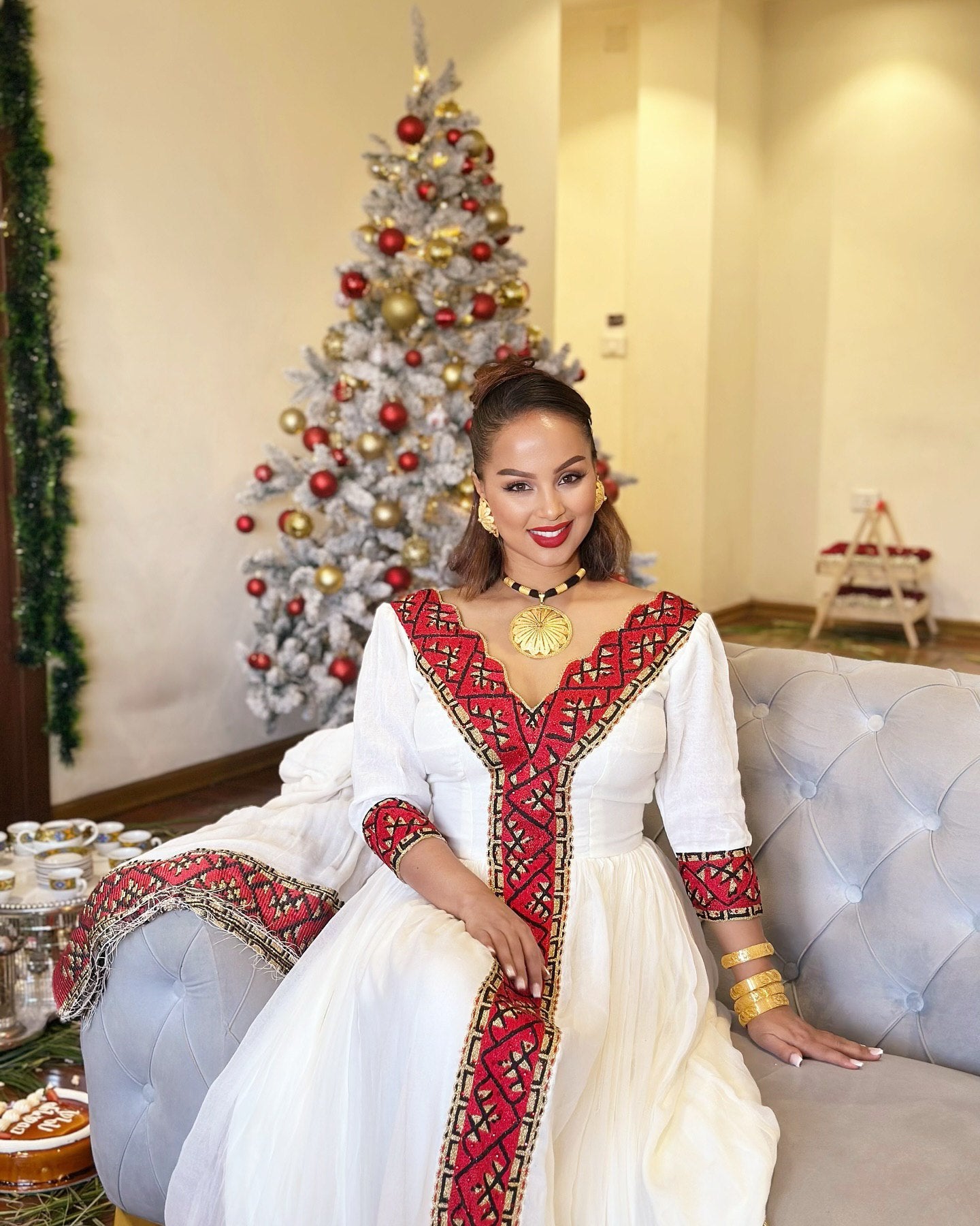 White & Red Ethiopian Traditional Dress Habesha Kemis for Special Occasions Handwoven Habesha Dress 157