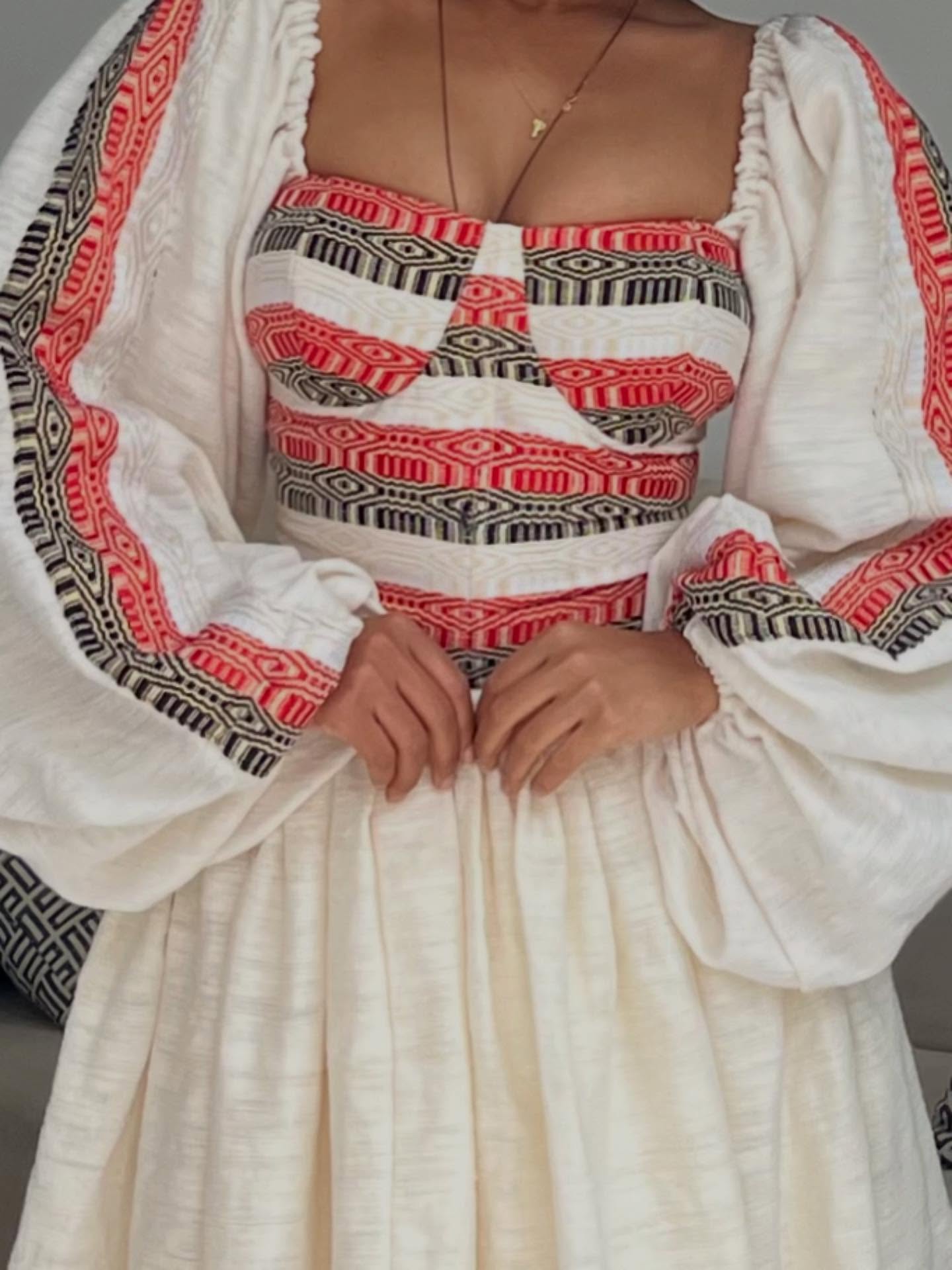 Elegant Ethiopian Traditional Clothing Red Embroidery Habesha Dress Long Sleeve Habesha Kemis 169