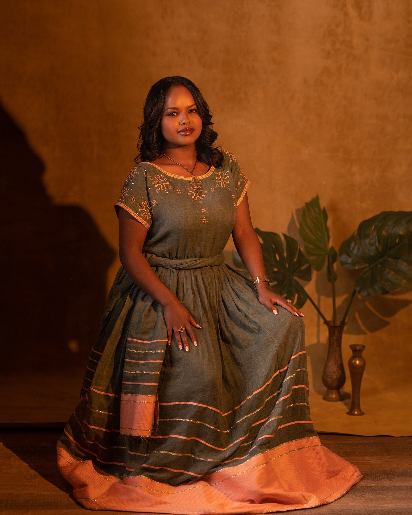 Green and Peach Design Habesha Dress Striped Pattern Habesha Kemis Cultural Ethiopian Clothing 170