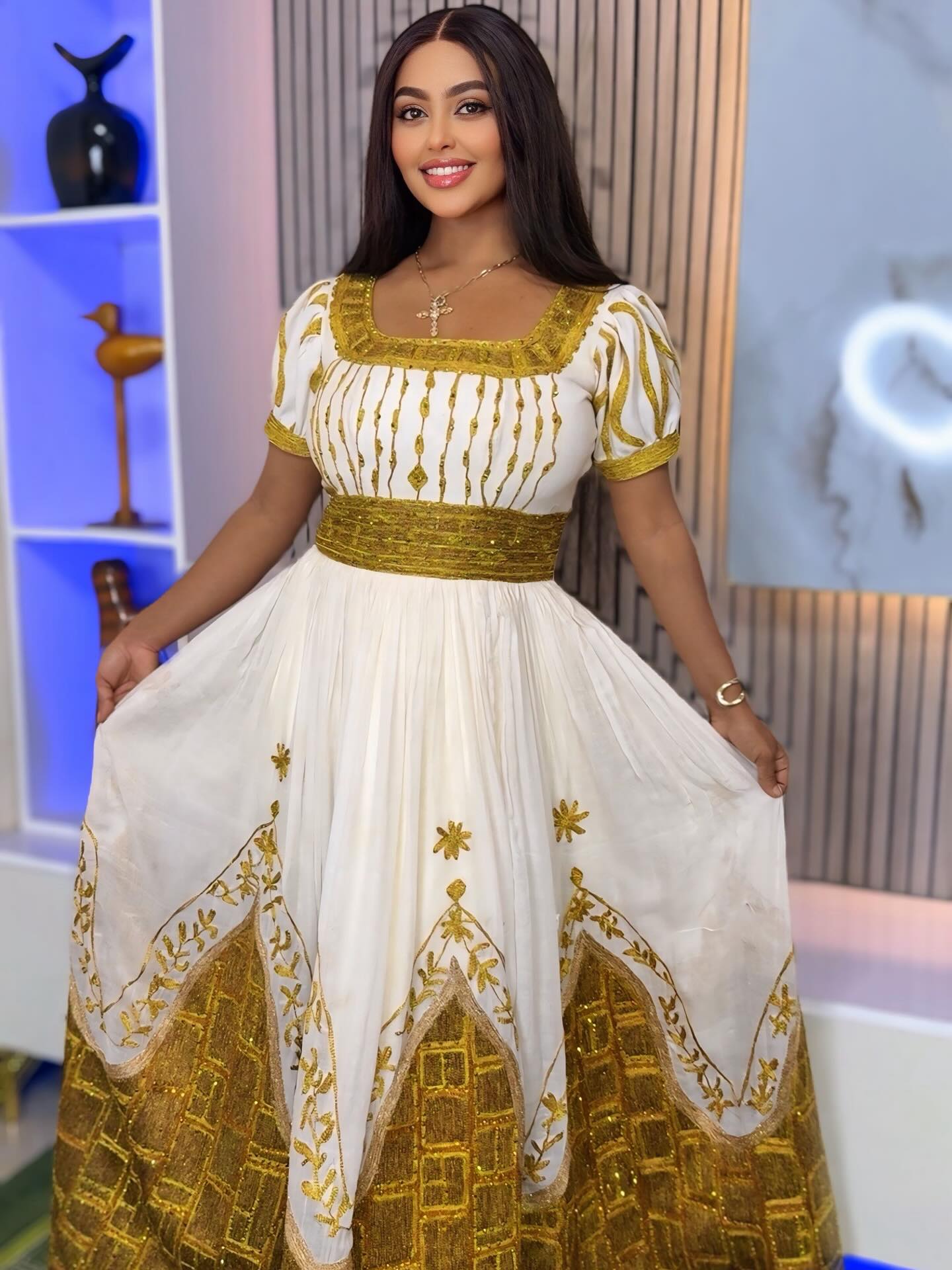 Golden Embroidered Traditional Ethiopian Dress Puffed Sleeve Habesha Dress Cultural Habesha Kemis For Wedding 172