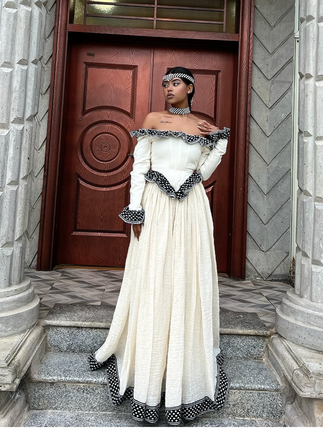 Off-Shoulder Habesha Dress Traditional Ethiopian Clothing For Festive Black Embroidery Habesha Kemis 189