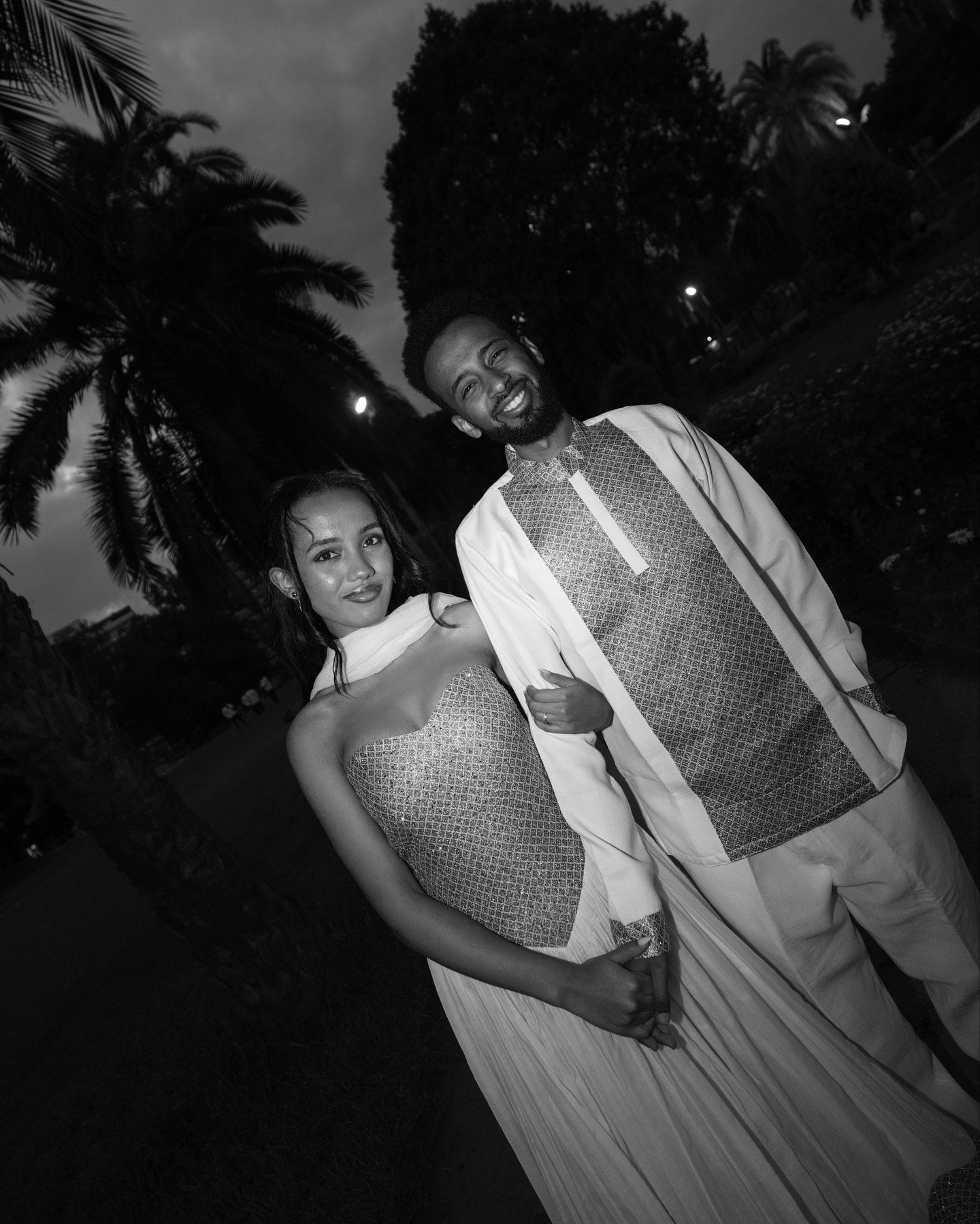 Ethiopian Couple Wear Coordinated Traditional Gold and White Attire Habesha Kemis And Men's Suit 183