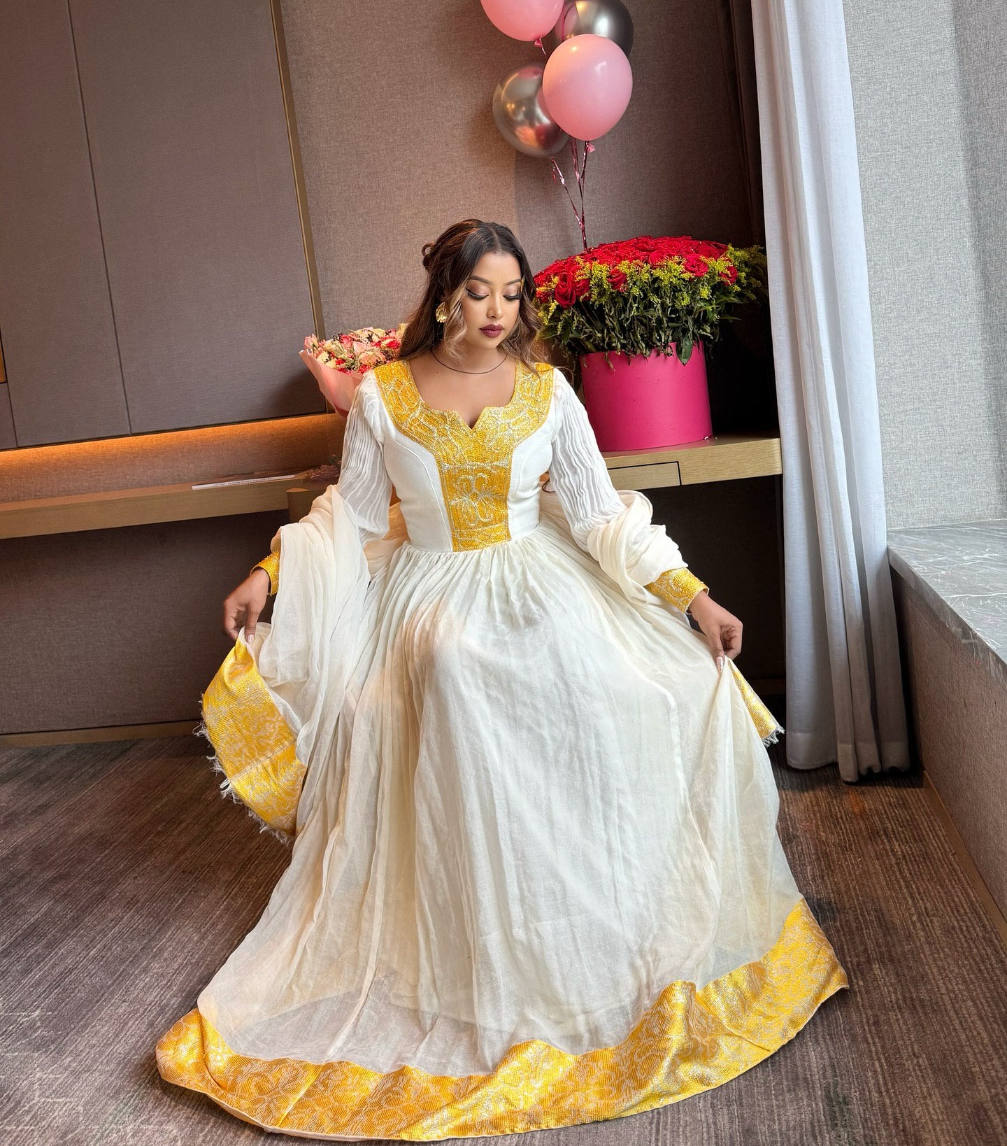 Yellow Woven Habesha Kemis Long Sleeve Traditional Ethiopian Clothing Habesha Dress For Events 251