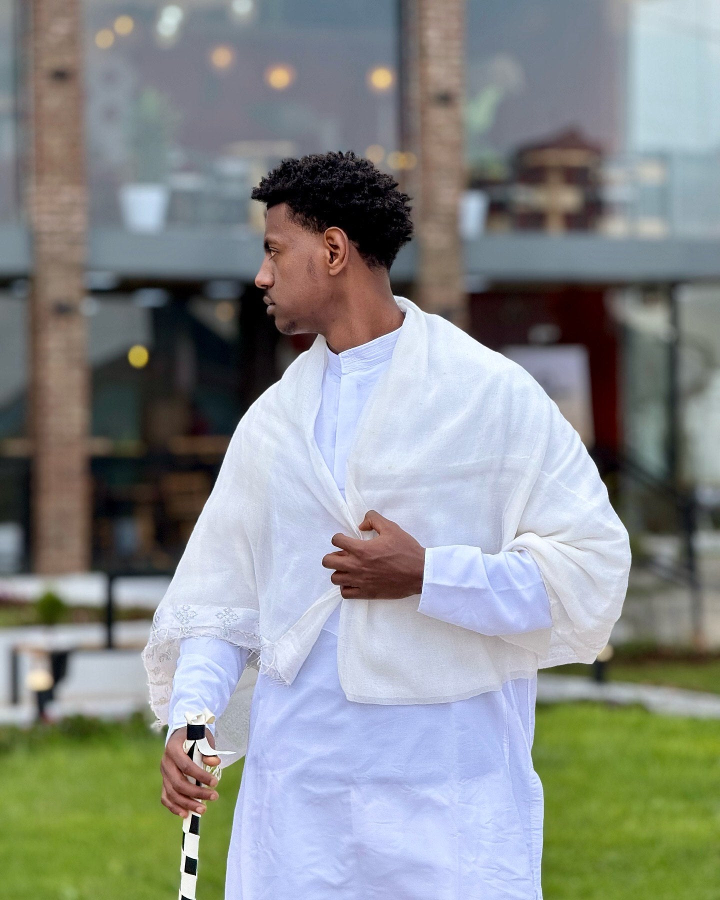 Classic Ethiopian Men’s Traditional Clothing White Outfit with Netela Cultural Men's Outfit 0071
