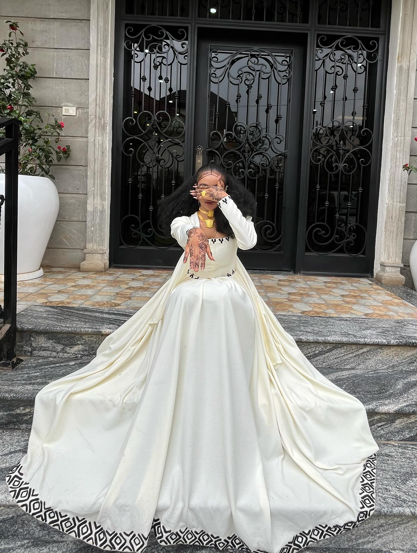 Elegant White Ethiopian Dress Black Geometric Border Design Habesha Kemis Graceful Habesha Dress For Occasions 0081