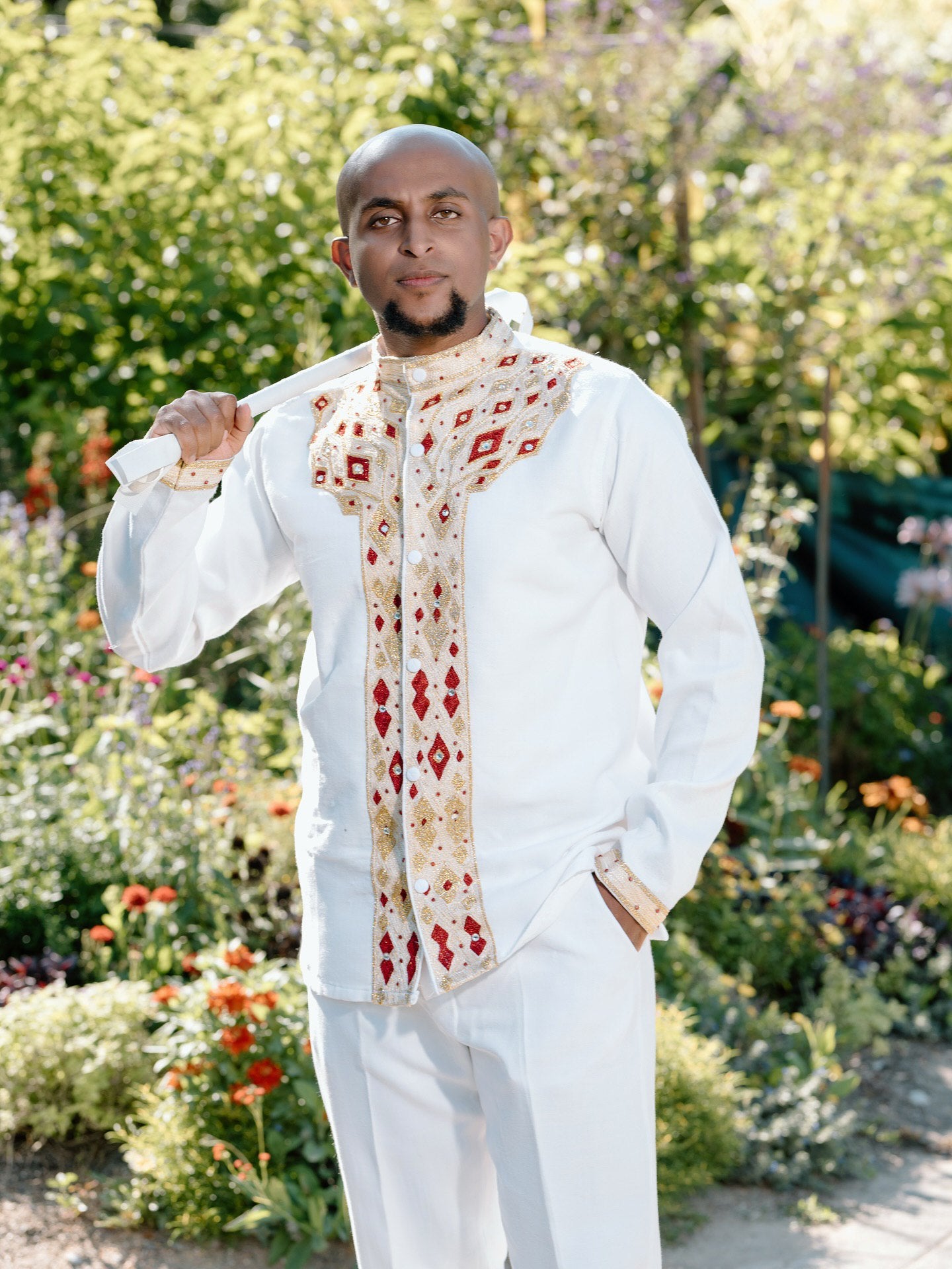 Matching Royal Ethiopian Wedding Attire Traditional His & Hers Cultural Set Red And White Embroidery Habesha Couple's Outfit 0087