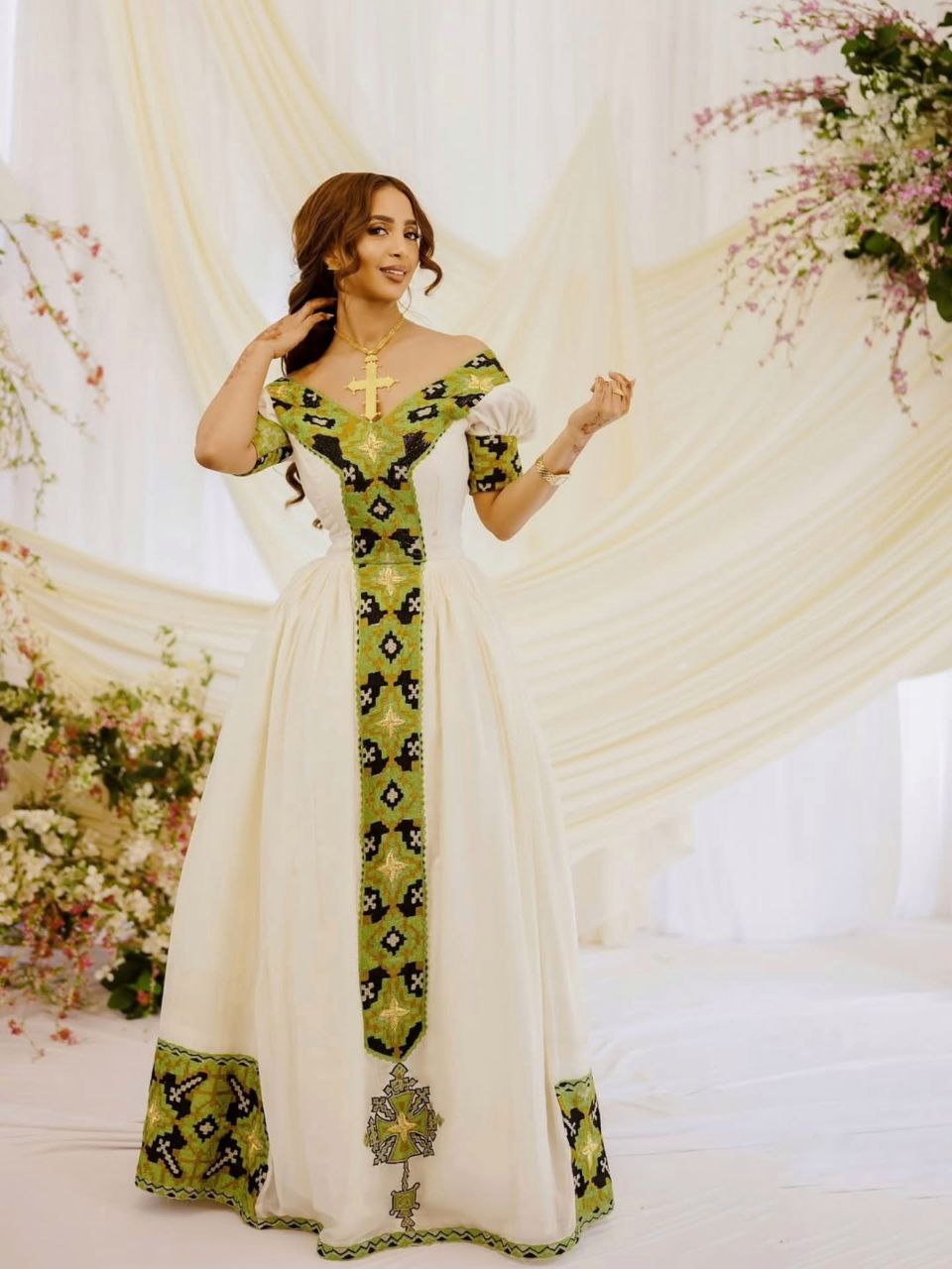 Traditional Ethiopian Habesha Kemis Green & Black Tibeb Ethiopian Cloth Cross Design Habesha Dress 0097