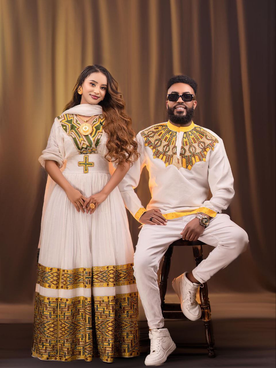 Ethiopian Couple Outfit Habesha Kemis & Matching Men’s Shirt Gold And Green Tibeb Matching Set 107