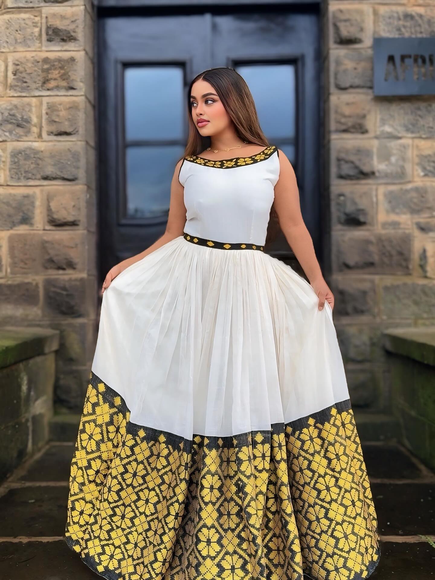 Modern Backless Habesha Dress Bold Yellow Pattern Ethiopian & Eritrean Clothing Stylish Habesha Kemis 130