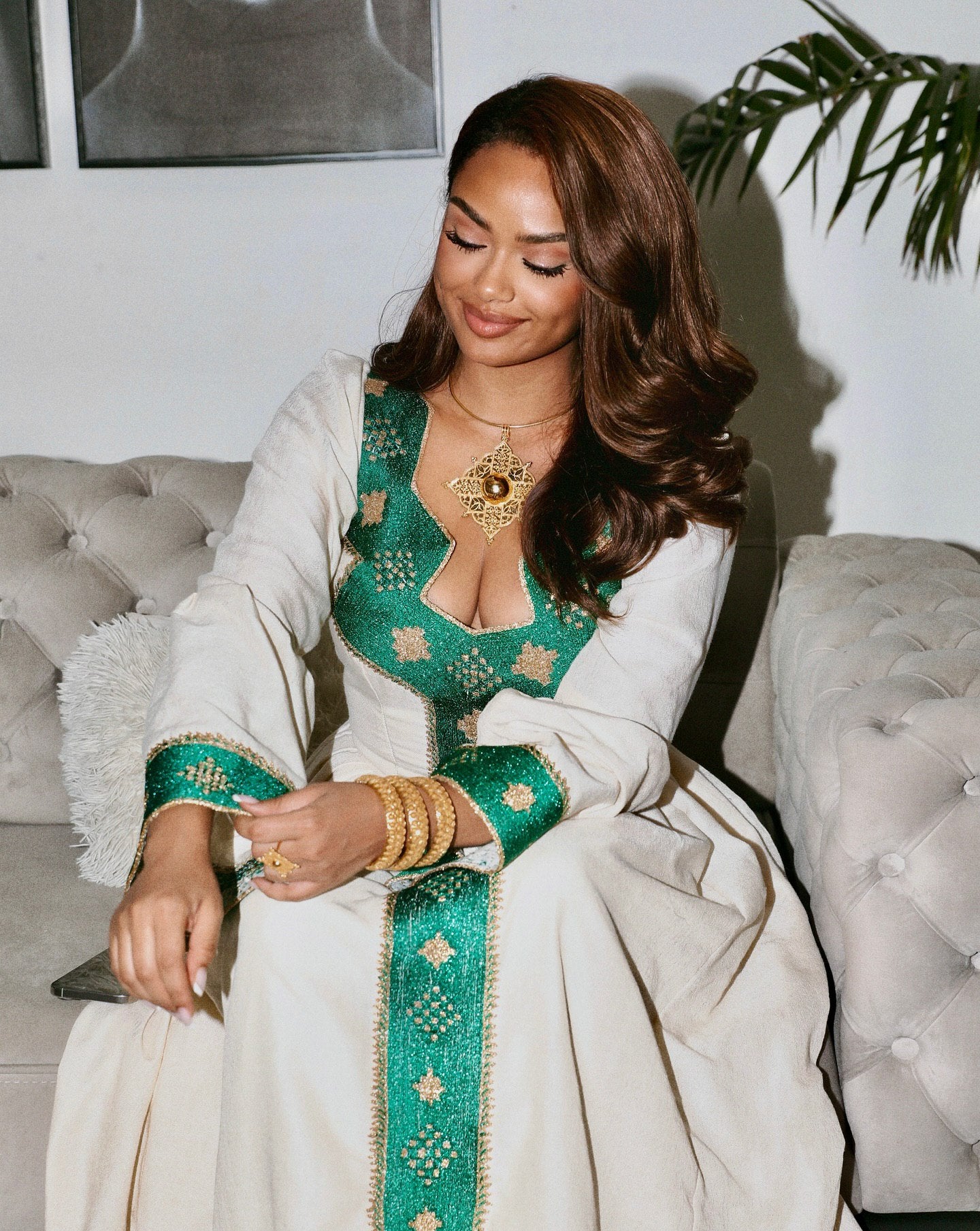 Green & Gold Ethiopian Traditional Dress Habesha Kemis Cultural Wear Cross Motif Habesha Dress 151