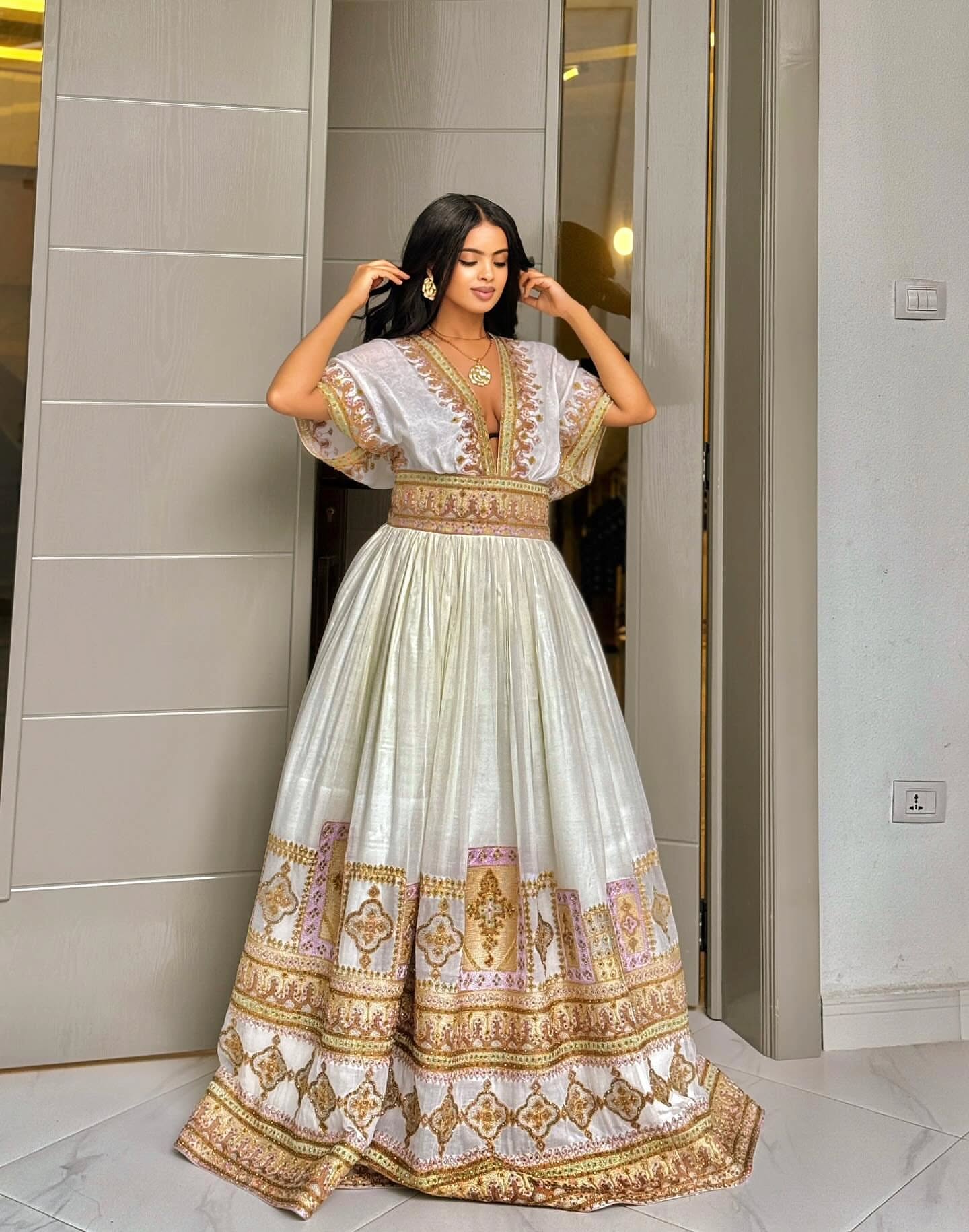 Luxury Traditional Ethiopian Wedding Dress Gold & Lilac Detail Habesha Kemis V-neckline Habesha Dress 153