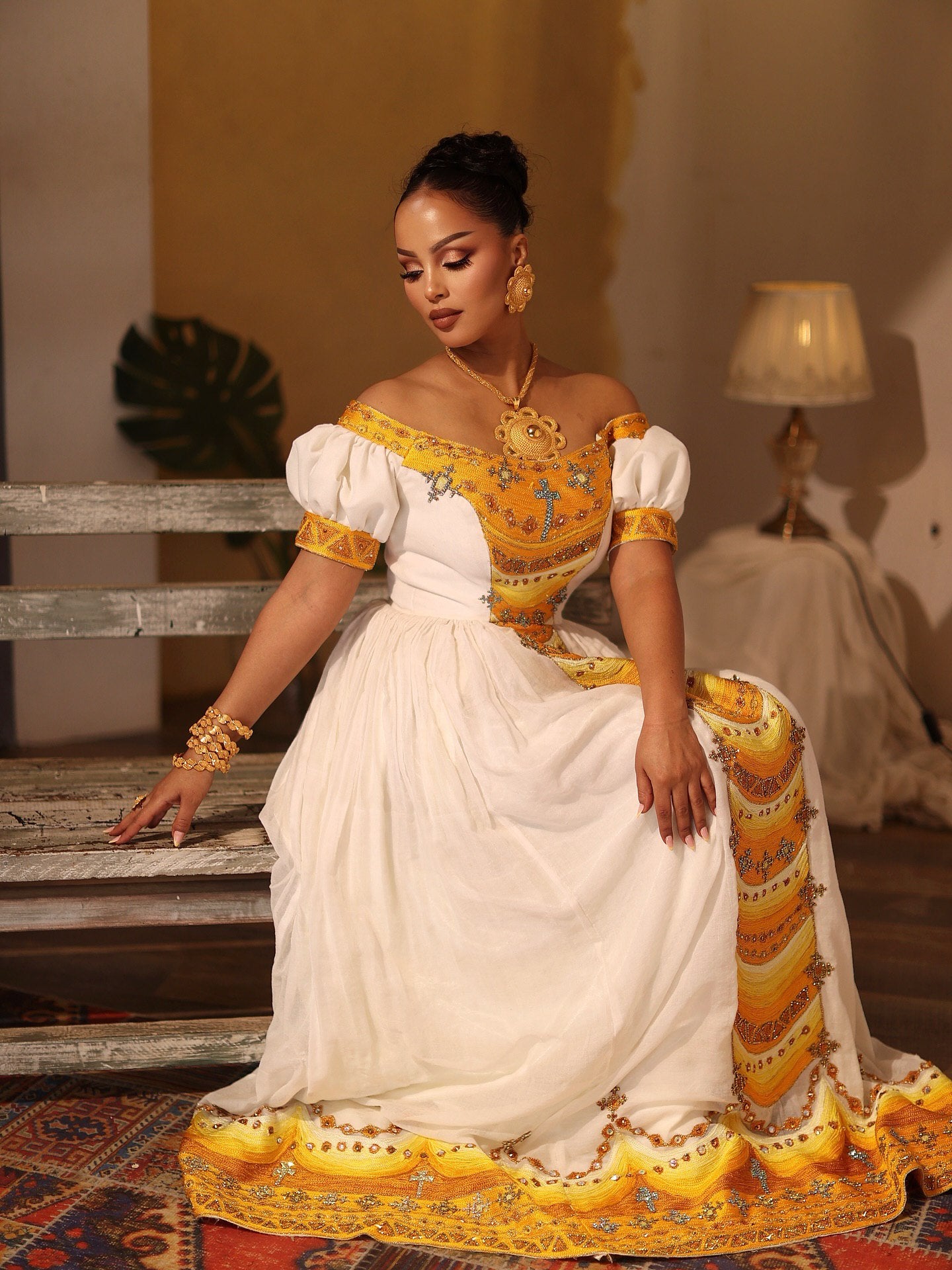 Off-Shoulder Ethiopian Dress Yellow Embroidery Habesha Kemis Cultural Habesha Dress For Special Occasions 154