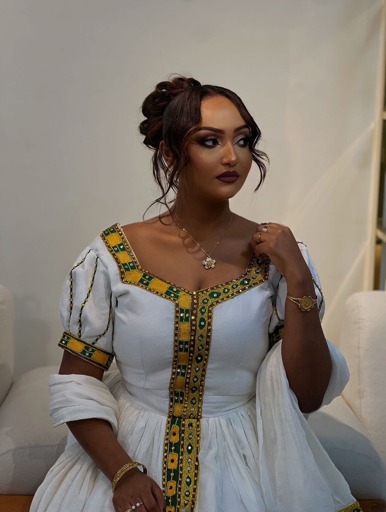 Traditional Ethiopian Dress Yellow Cross Embroidery Habesha Kemis Stunning Habesha Dress For festive 166