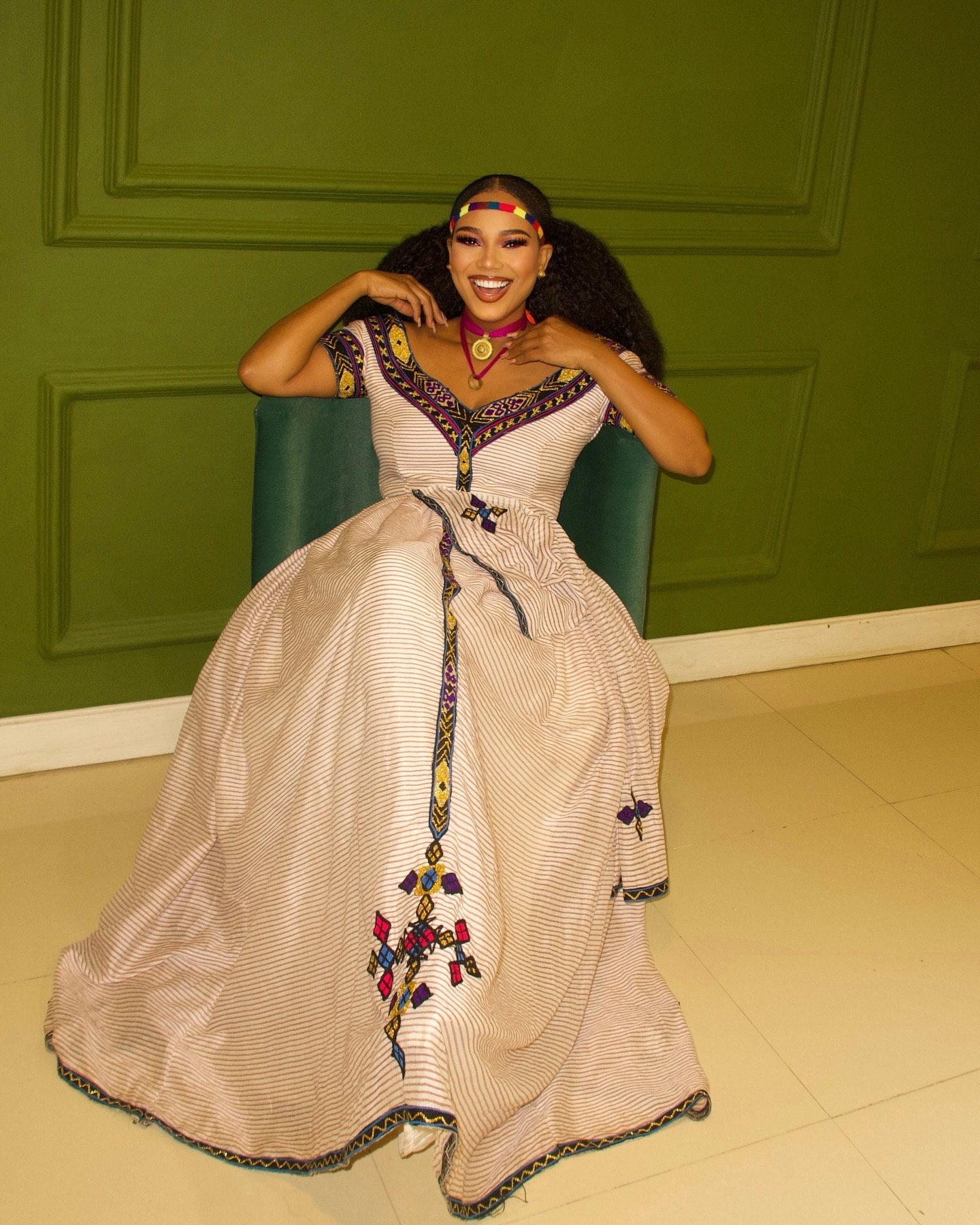 Ethiopian Traditional Dress Colorful Embroidery Habesha Kemis Short Sleeve Habesha Dress 167