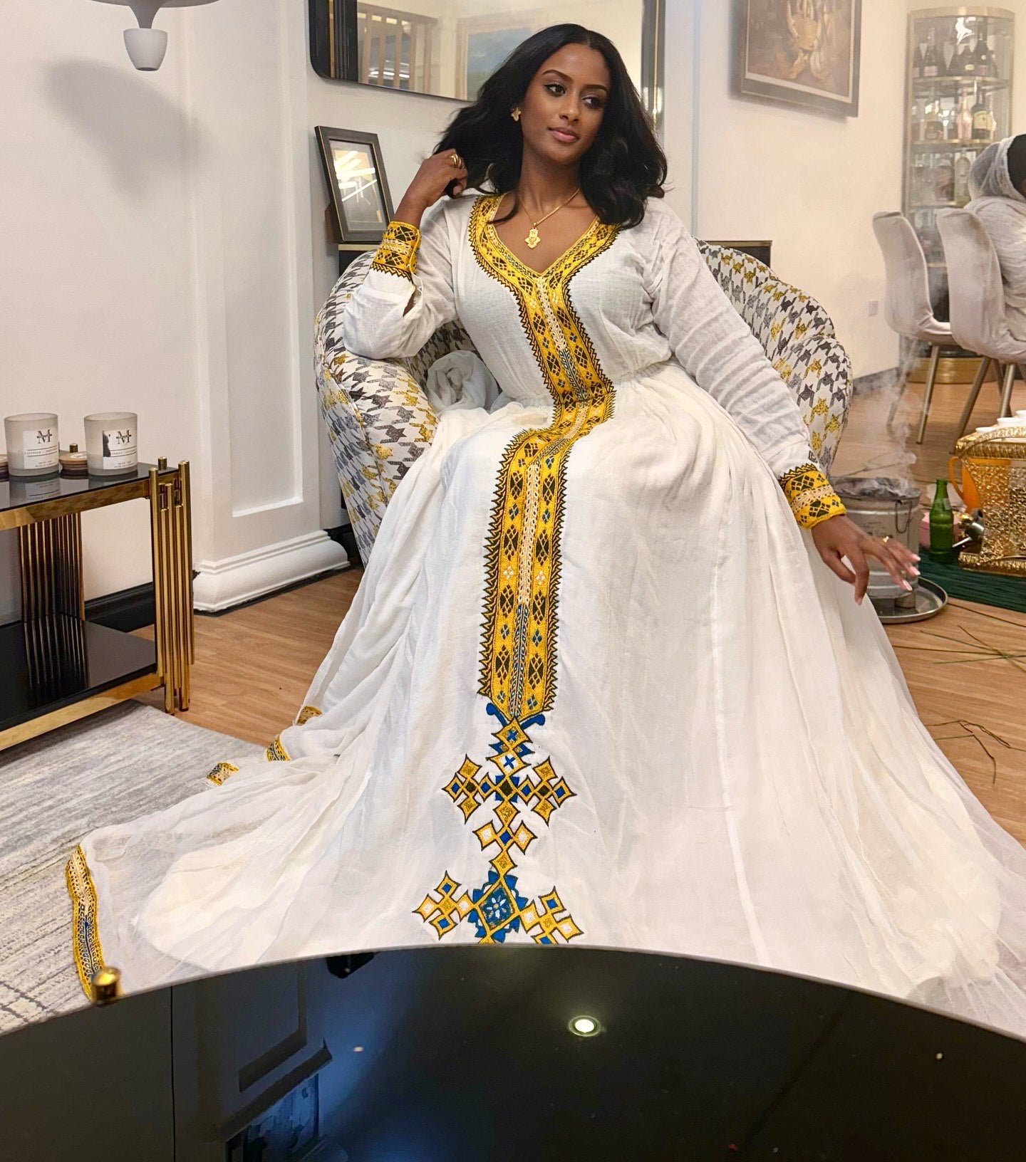 Yellow & Blue Cross Embroidery Habesha Dress White Ethiopian Traditional Dress Festive Habesha Kemis 168