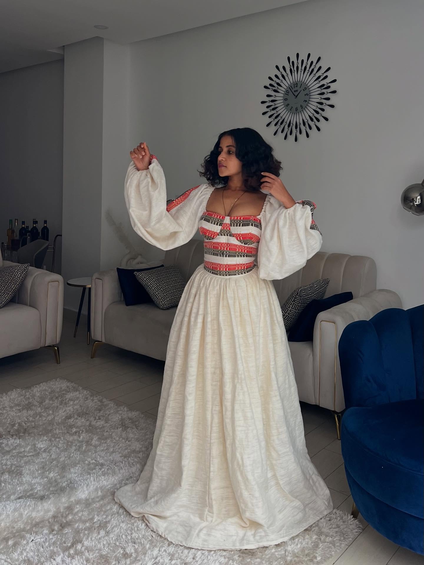 Elegant Ethiopian Traditional Clothing Red Embroidery Habesha Dress Long Sleeve Habesha Kemis 169