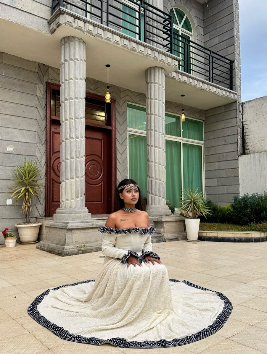 Off-Shoulder Habesha Dress Traditional Ethiopian Clothing For Festive Black Embroidery Habesha Kemis 189