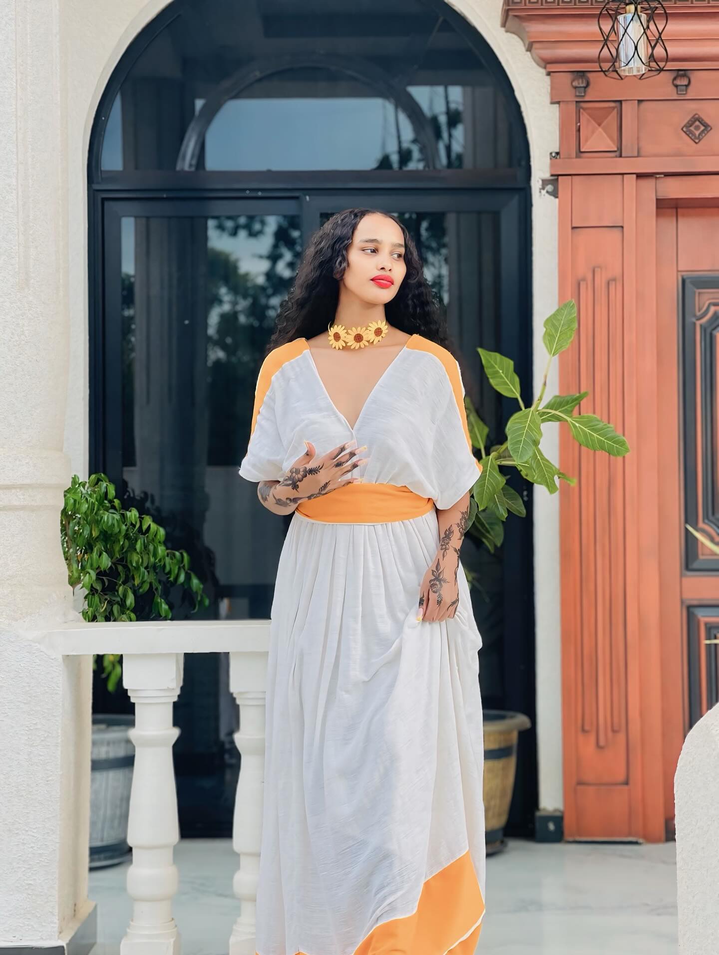 Orange And White Ethiopian Traditional Dress Simple Habesha Kemis Unique Habesha Dress For Event 194