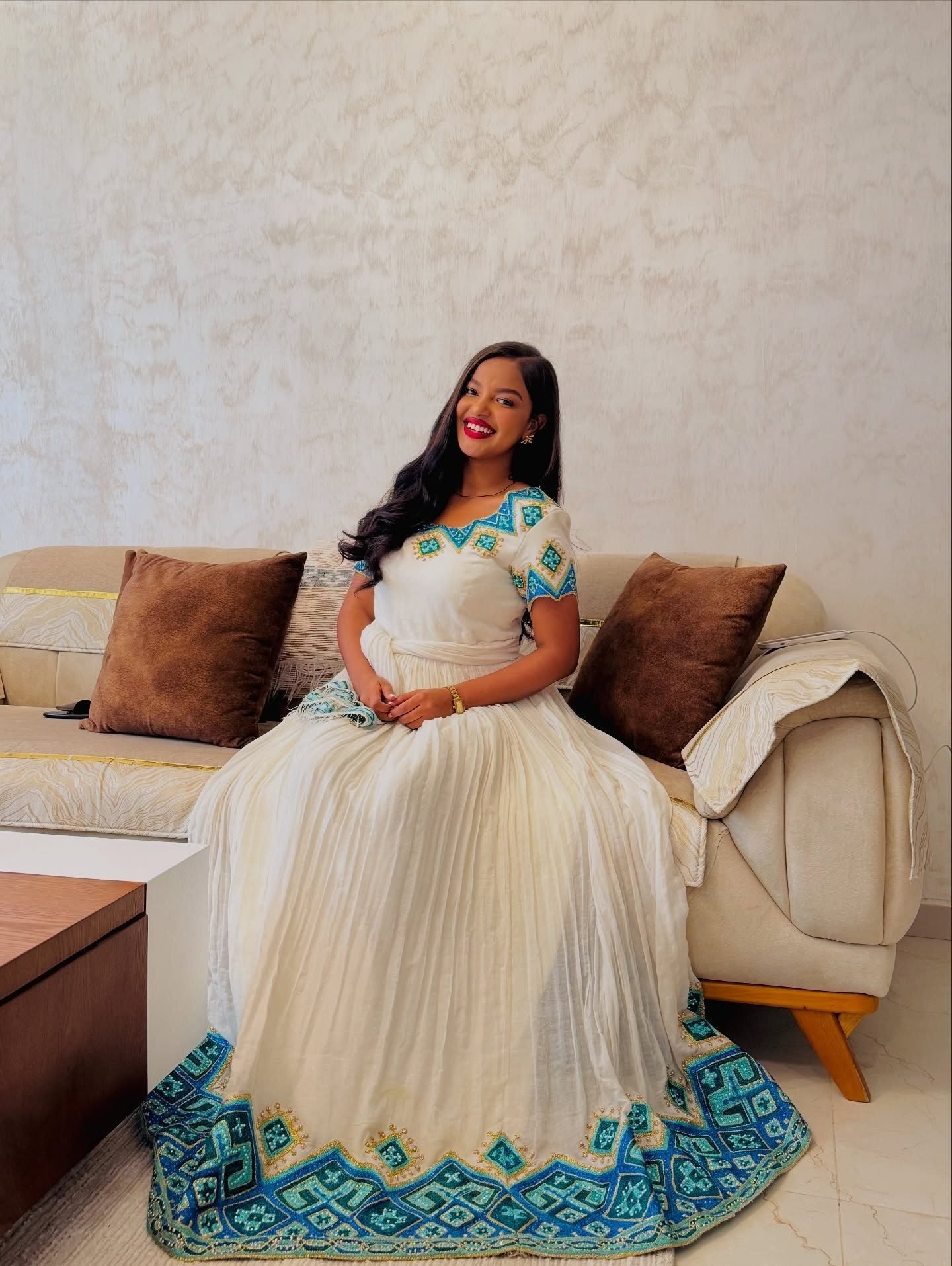 Short Sleeve Ethiopian Clothing Habesha Kemis with Blue Embroidery Handwoven Habesha Dress 250