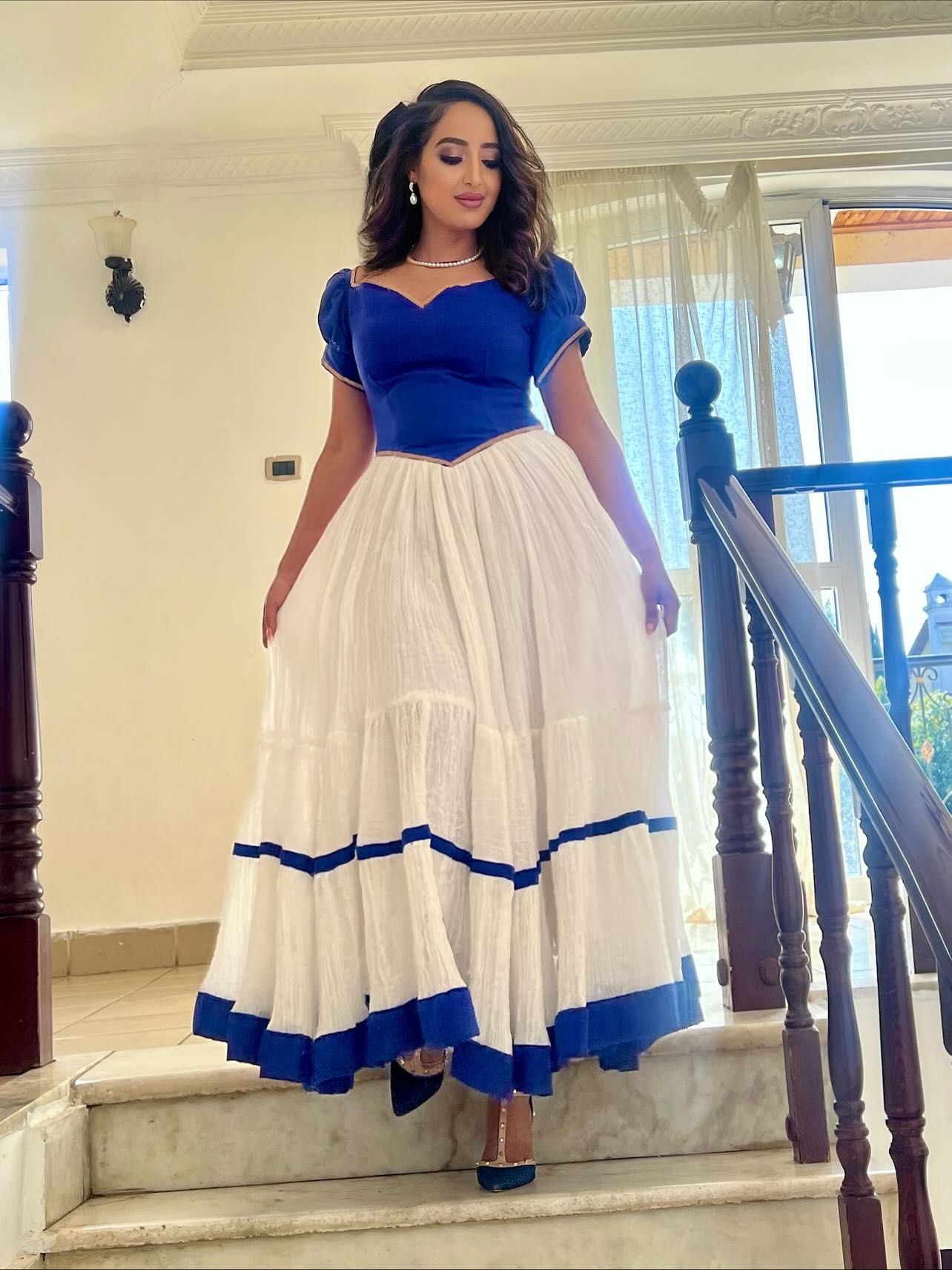 Puff Sleeve Habesha Kemis Blue Design Habesha Dress Traditional Ethiopian Clothing 277